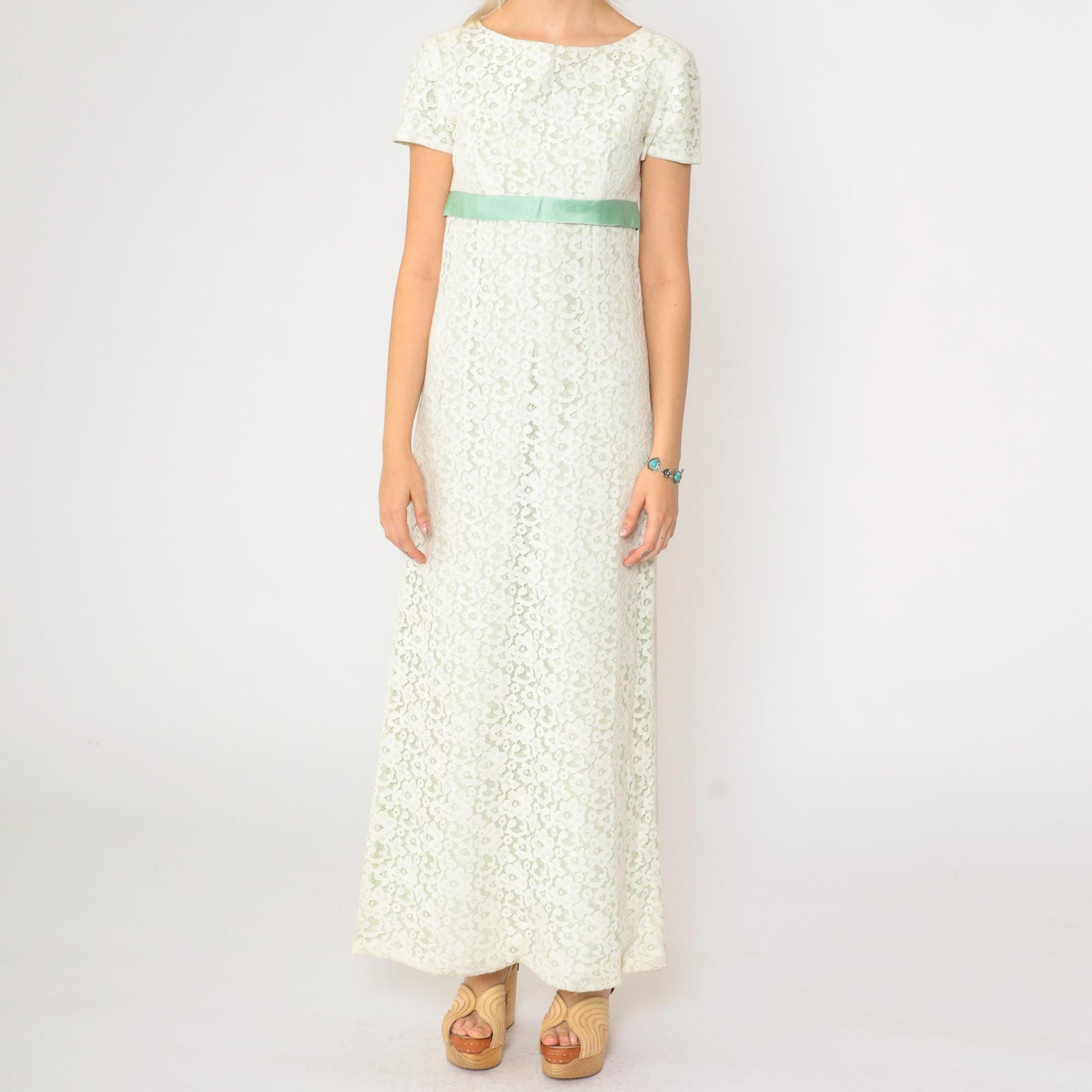 60s White Lace Maxi Dress Empire Waist Green Ribbon Short Sleeve Extra Small XS