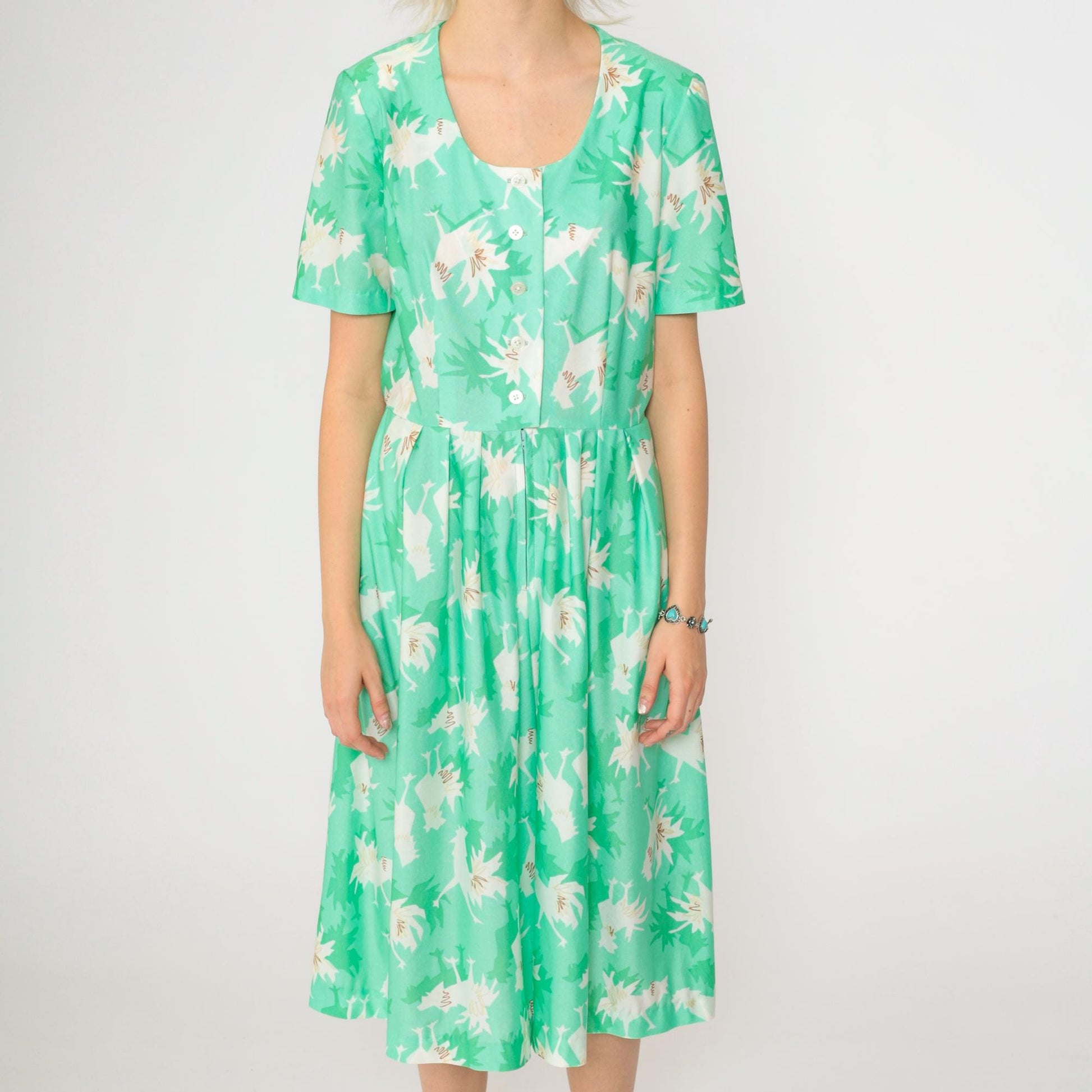 70s Abstract Chicken Print Midi Jumpsuit Green Button-Up Shirtdress Medium