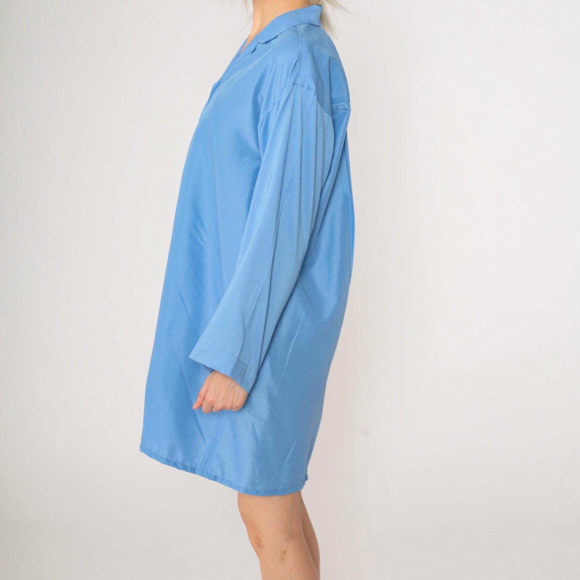 80s Blue Button-Up Shift Dress Wide Sleeves Belted Shirtdress Medium Large
