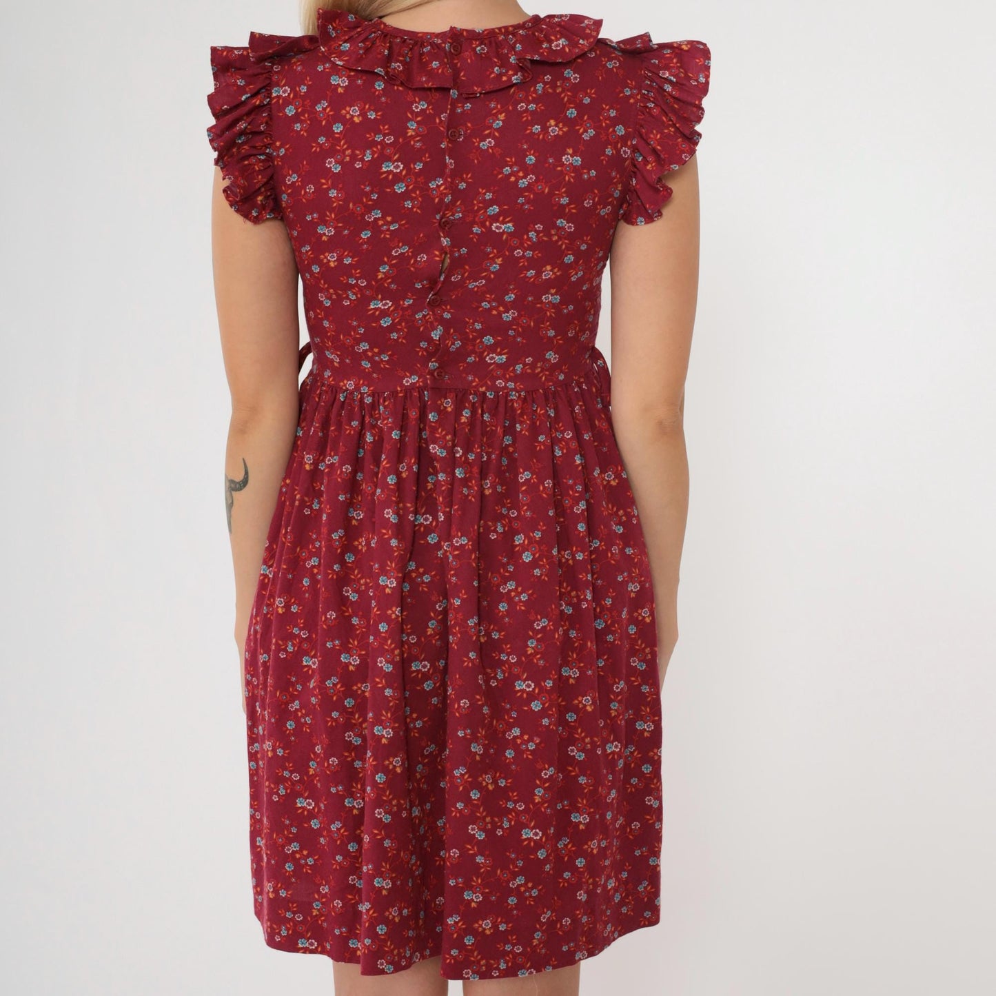 70s Kim Originals Floral Ruffle Mini Dress Burgundy High Waist Bow Neck 2XS