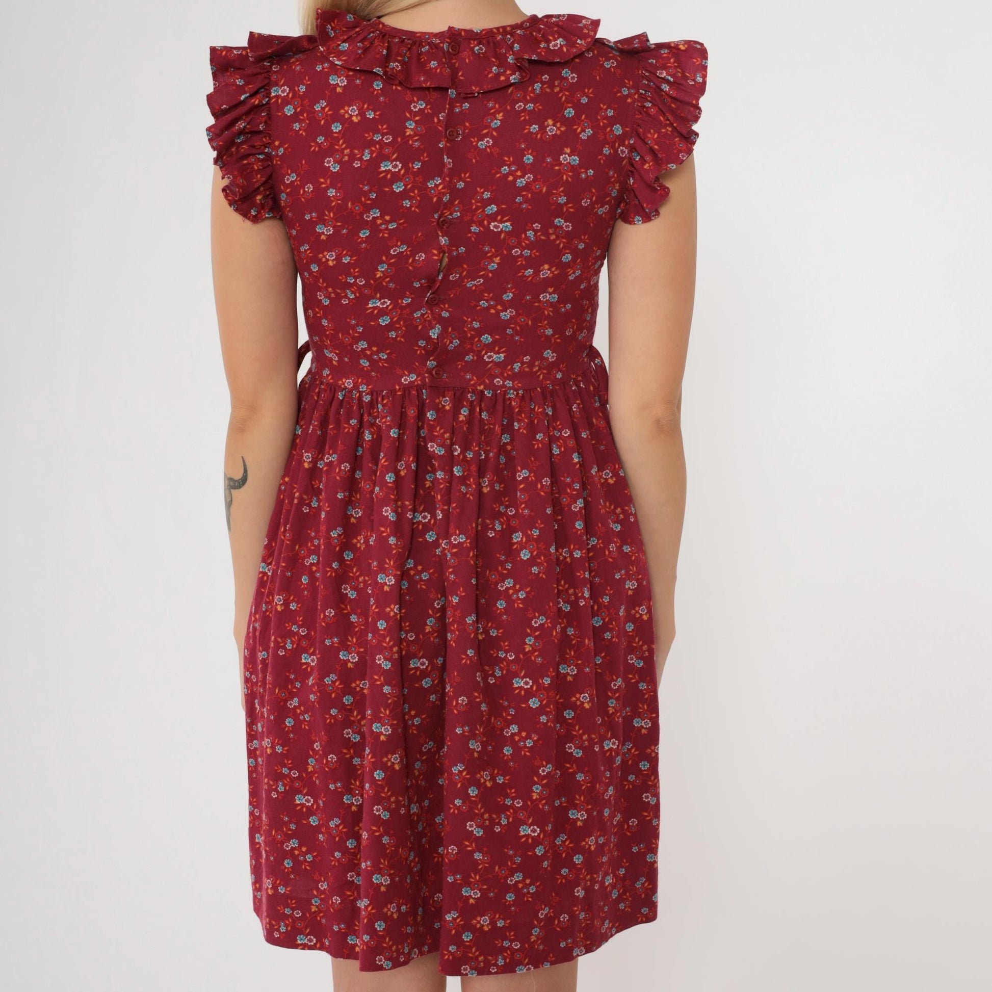 70s Kim Originals Floral Ruffle Mini Dress Burgundy High Waist Bow Neck 2XS