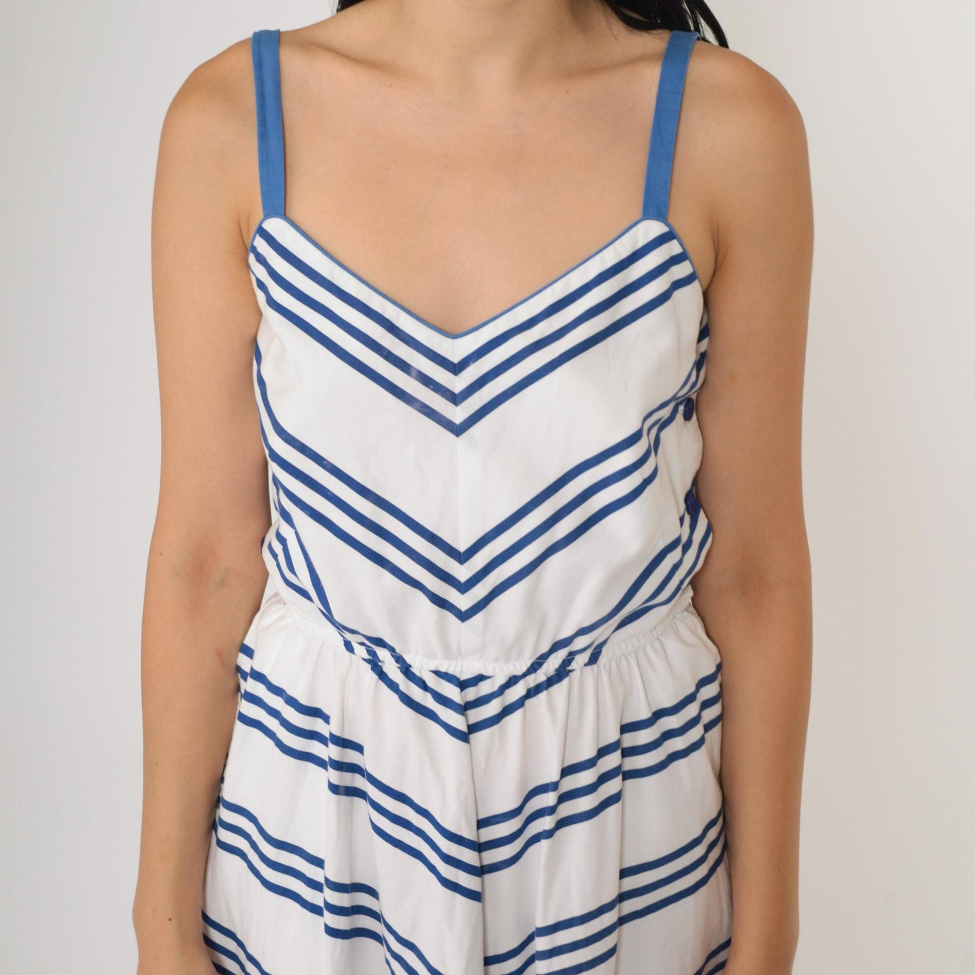 70s Lanz Originals Chevron Midi Sundress Blue White High Waist Small