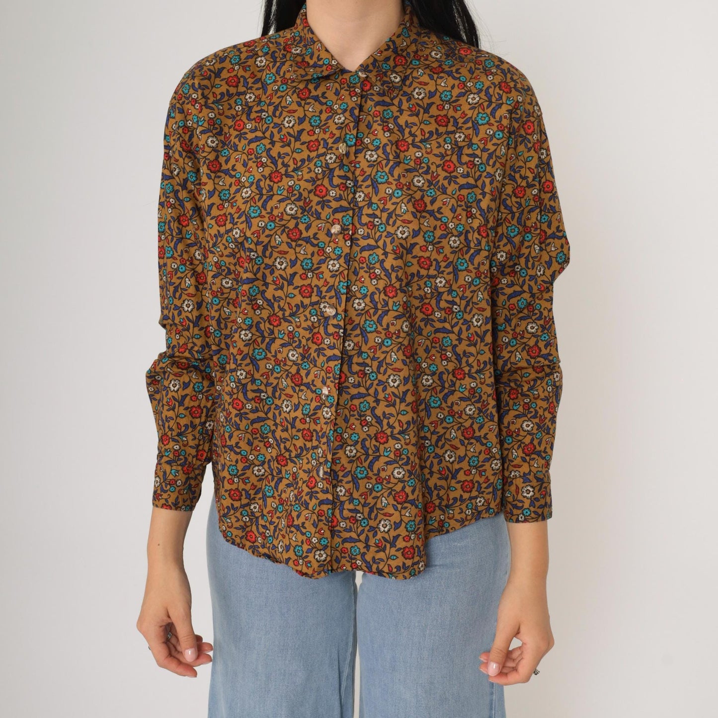 Y2K Levi's Dockers Floral Button-Up Blouse Brown Cotton Long Sleeve Small