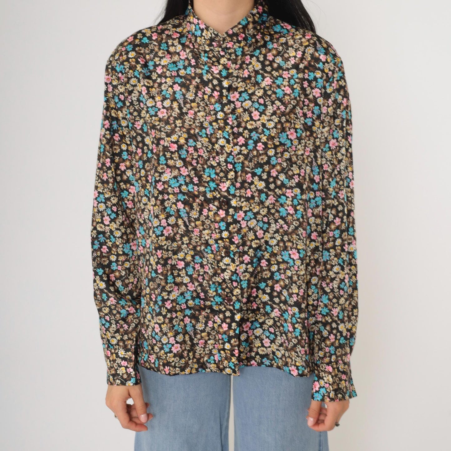 70s Calico Floral Black Button-Up Shirt Long Sleeve Flower Print Medium