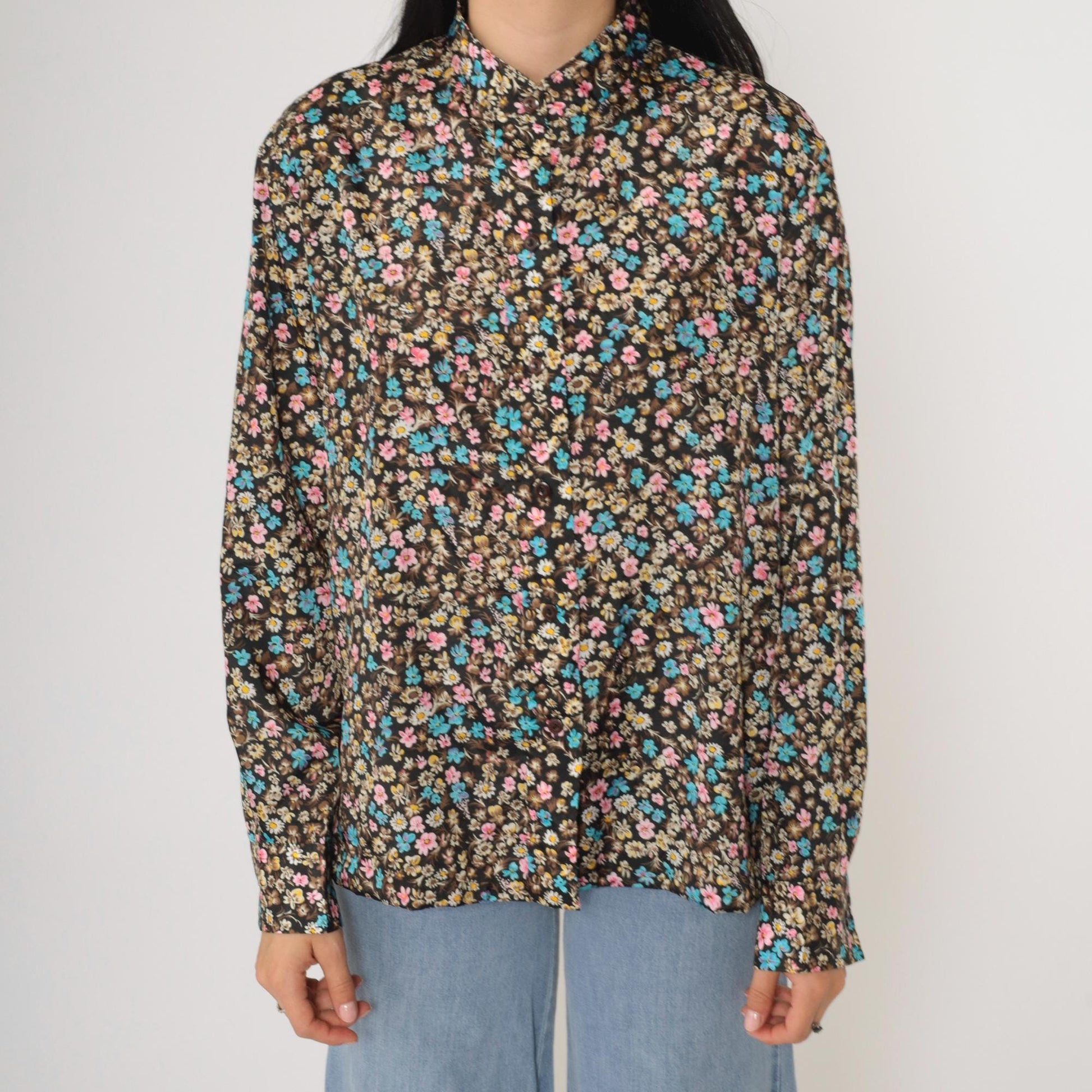 70s Calico Floral Black Button-Up Shirt Long Sleeve Flower Print Medium