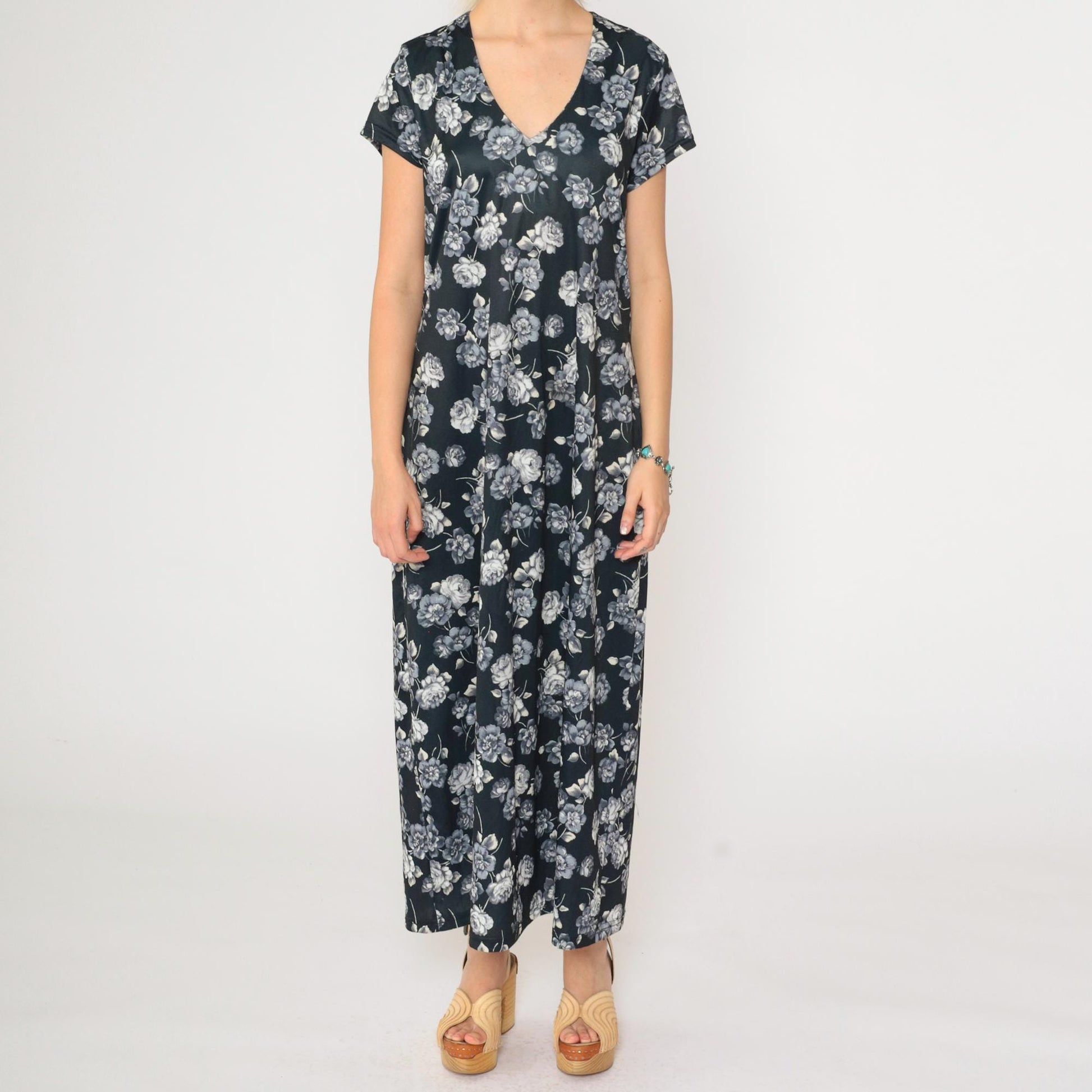 90s No Boundaries Black Floral Maxi Dress Rose Print V-Neck Short Sleeve Large L