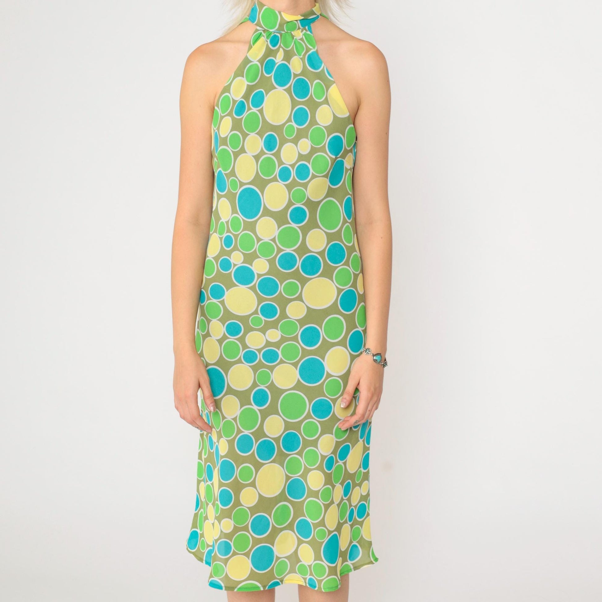 Y2K Halter Midi Dress Olive Green Polka Dot Sleeveless Keyhole Medium