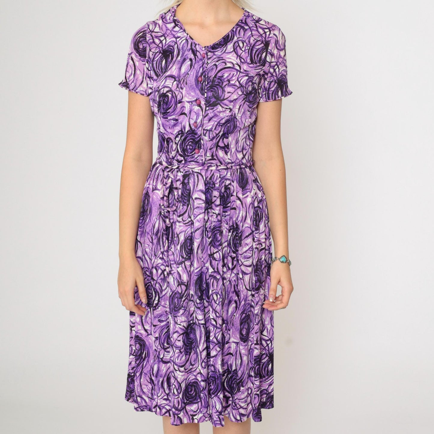 60s Purple Abstract Swirl Midi Shirtdress High Waist Button Up Extra Small