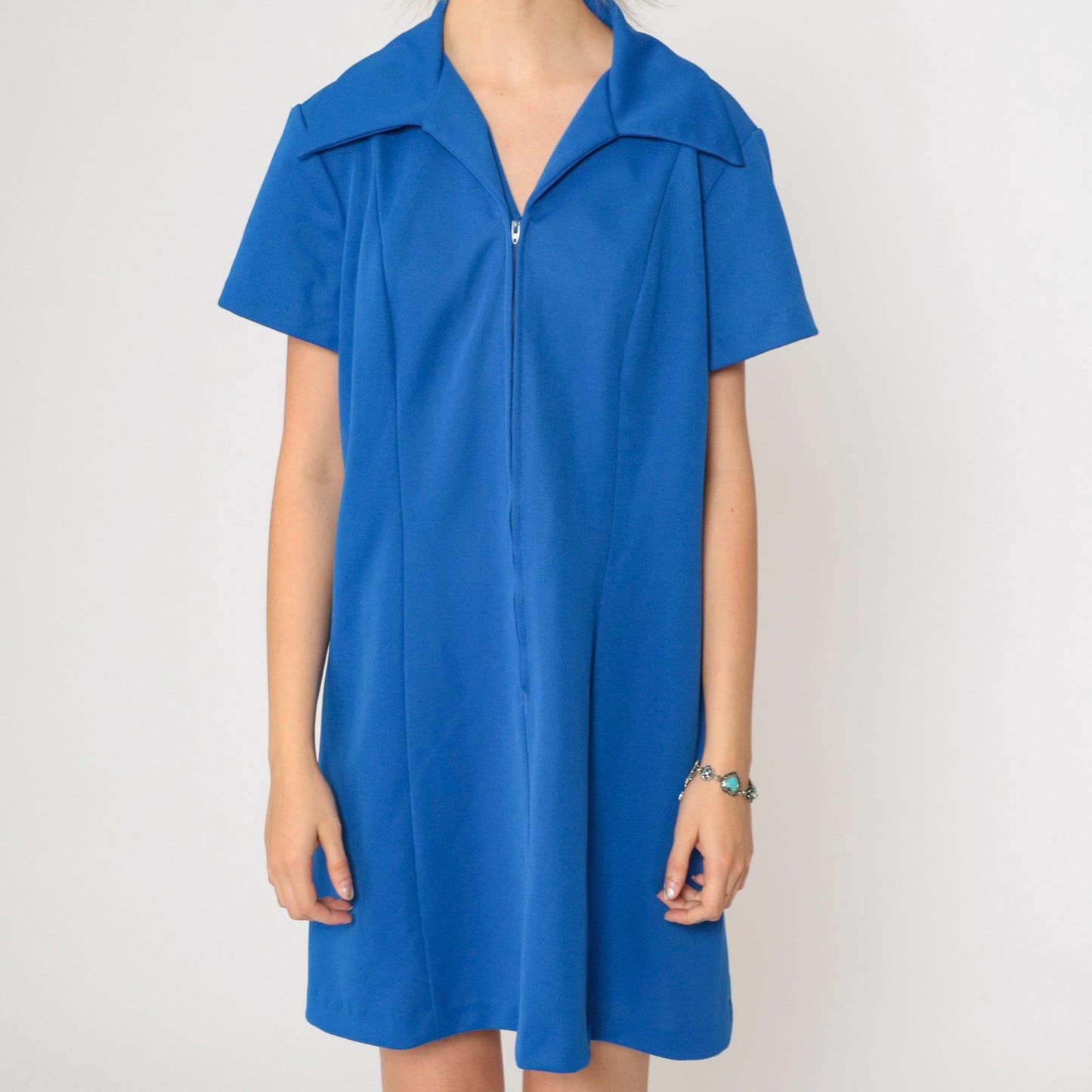 70s Mod Mini Dress Royal Blue Front Zip Shift Dress Short Sleeve Large L