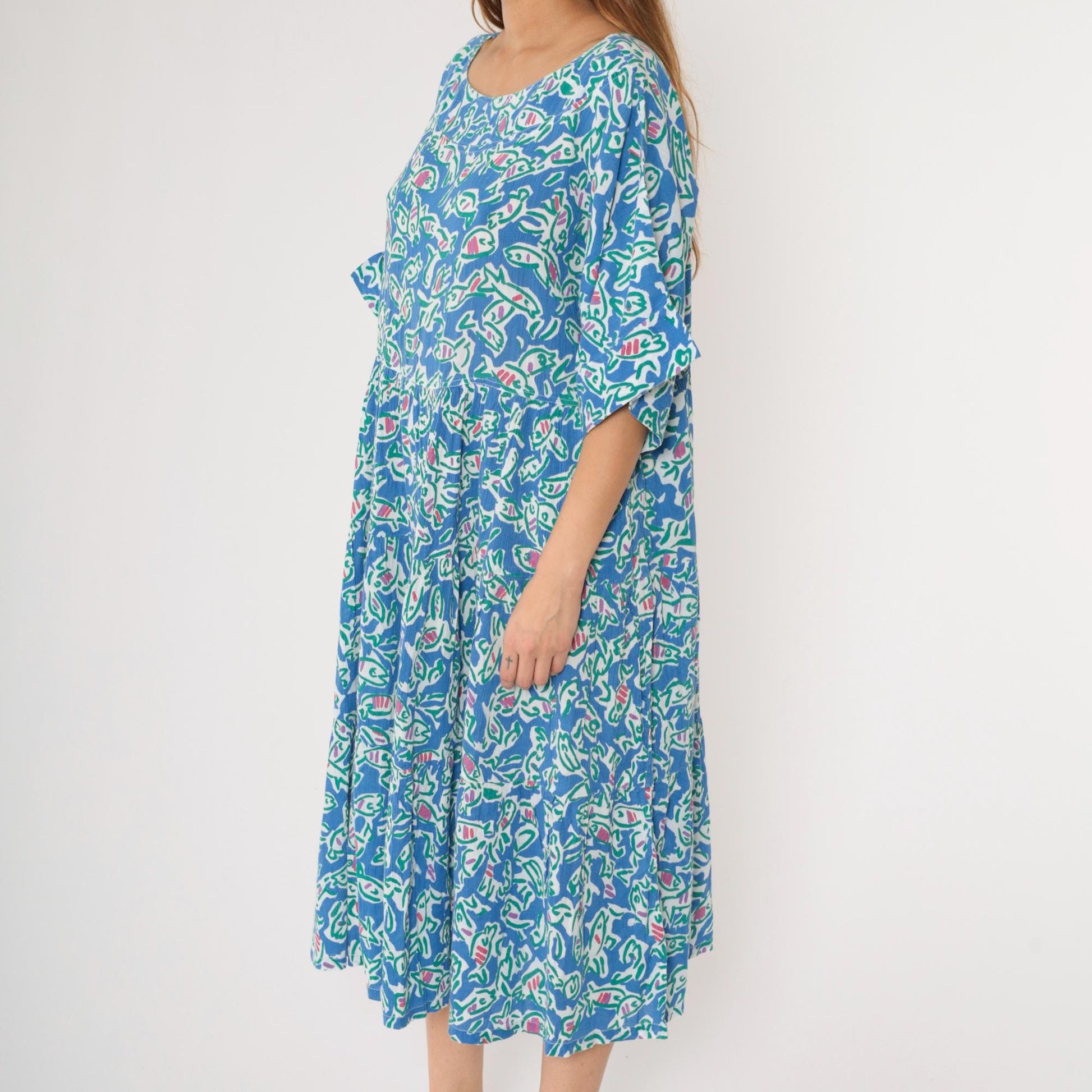 90s Fish Print Midi Dress Blue Abstract Cotton High Waist Half Sleeve Large L