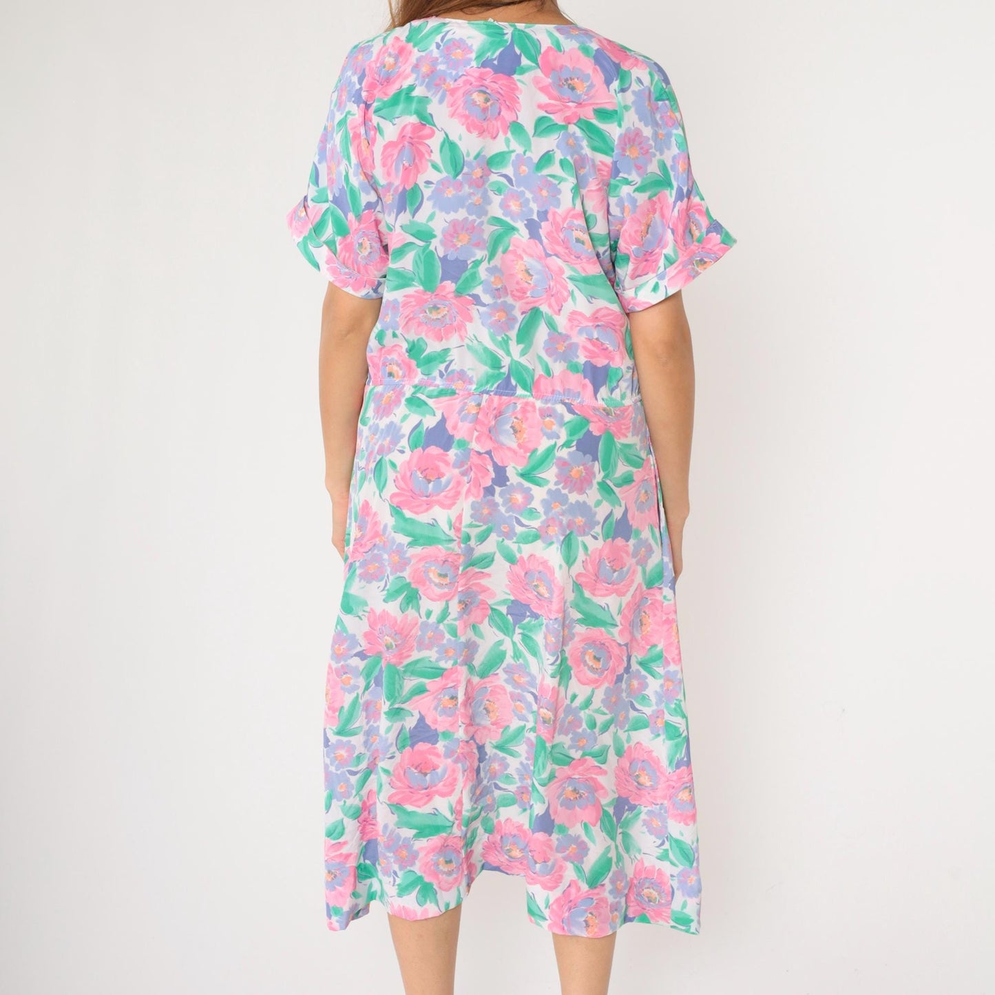 80s Floral Midi Shirtdress Pink Purple Green Button-Up Short Sleeve Medium