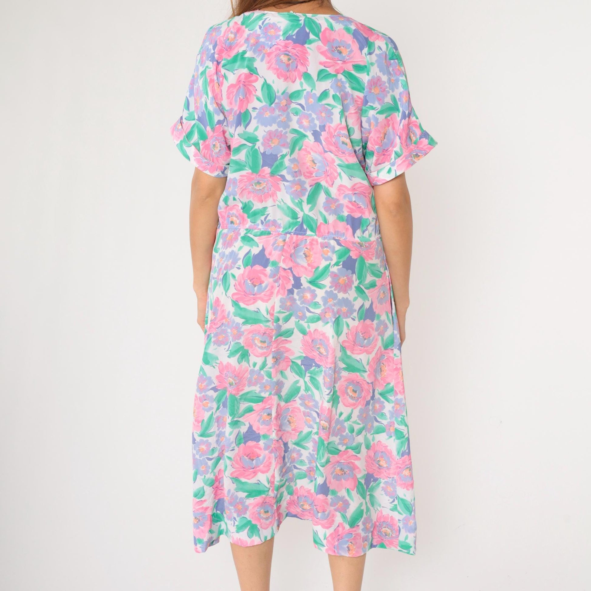 80s Floral Midi Shirtdress Pink Purple Green Button-Up Short Sleeve Medium