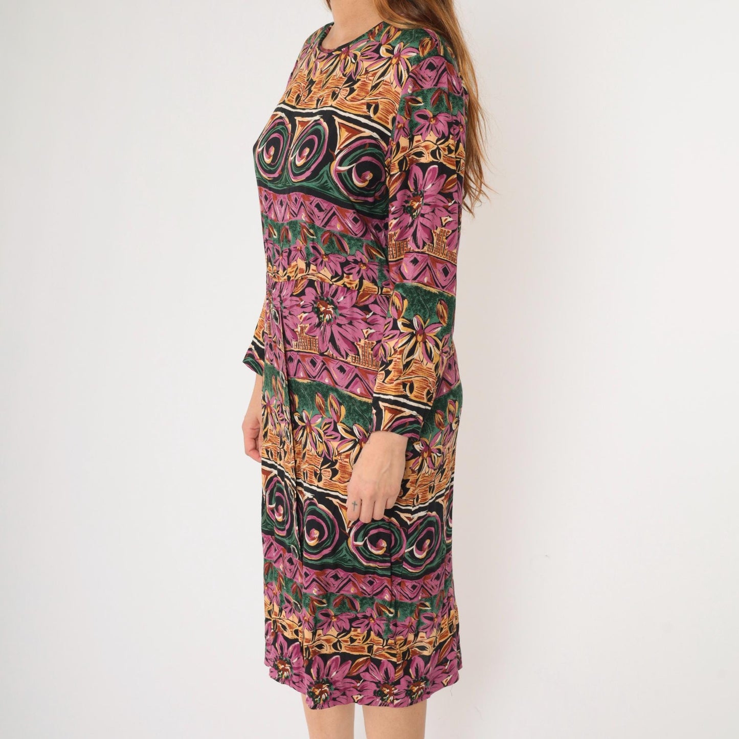 90s Geometric Floral Midi Dress Purple Green High Waist Long Sleeve Medium