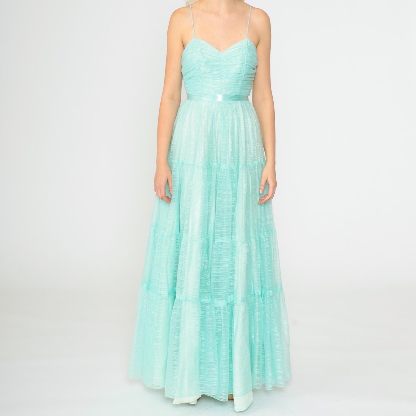 70s Aqua Maxi Dress Spaghetti Strap High Waist Floor Length Extra Small