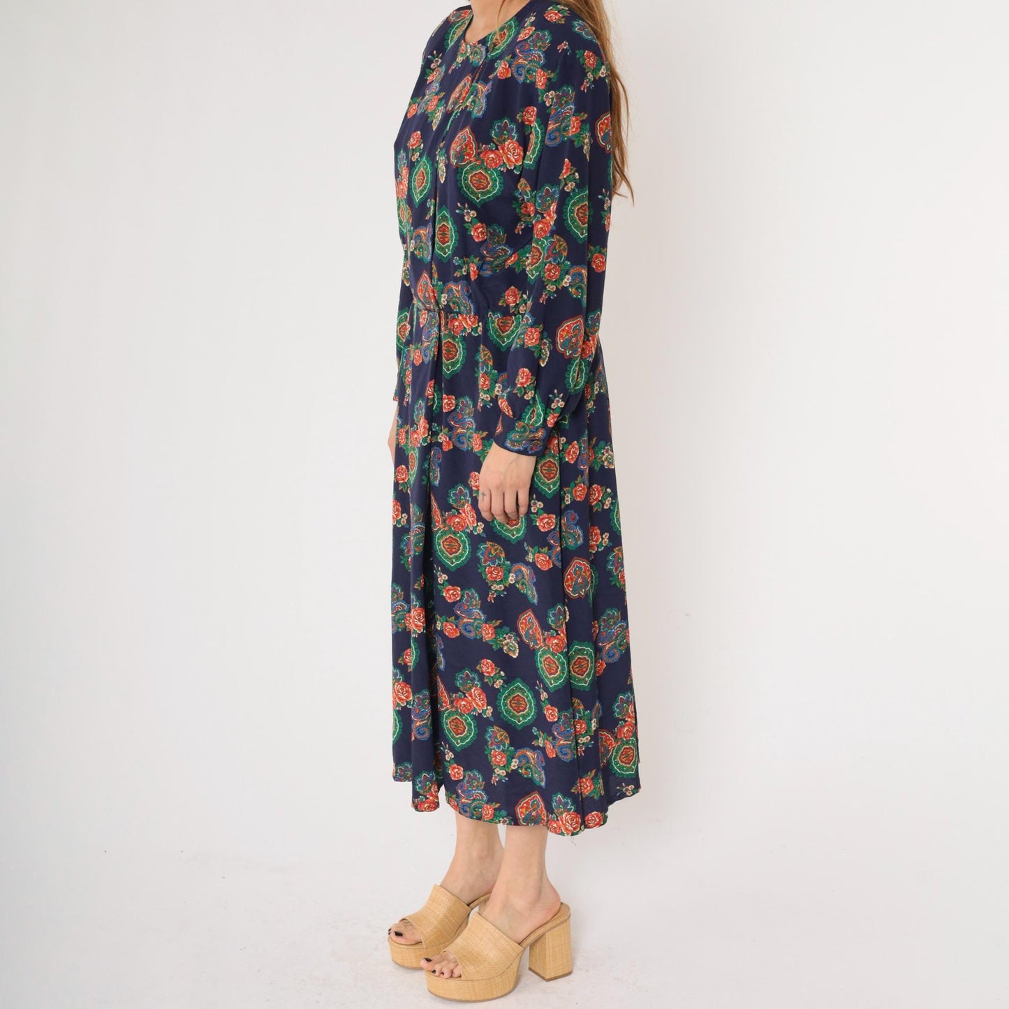 90s Liz Claiborne Paisley Floral Midi Dress Dark Blue High-Waisted Long Sleeve Large