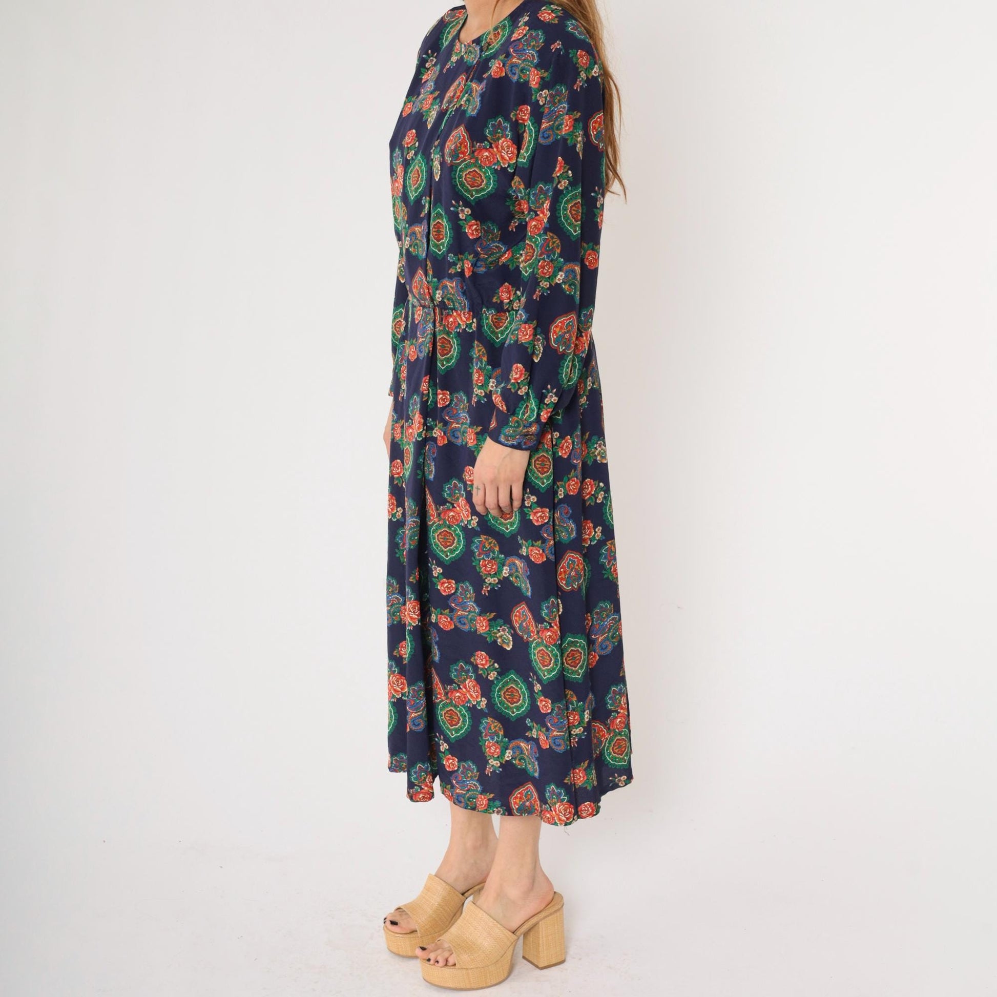 90s Liz Claiborne Paisley Floral Midi Dress Dark Blue High-Waisted Long Sleeve Large