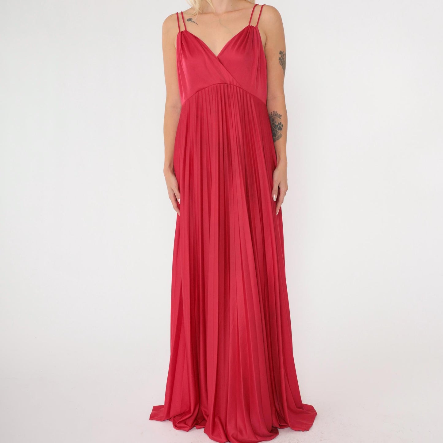 70s Raspberry Red Maxi Dress Deep V Neck Pleated Empire Waist Large
