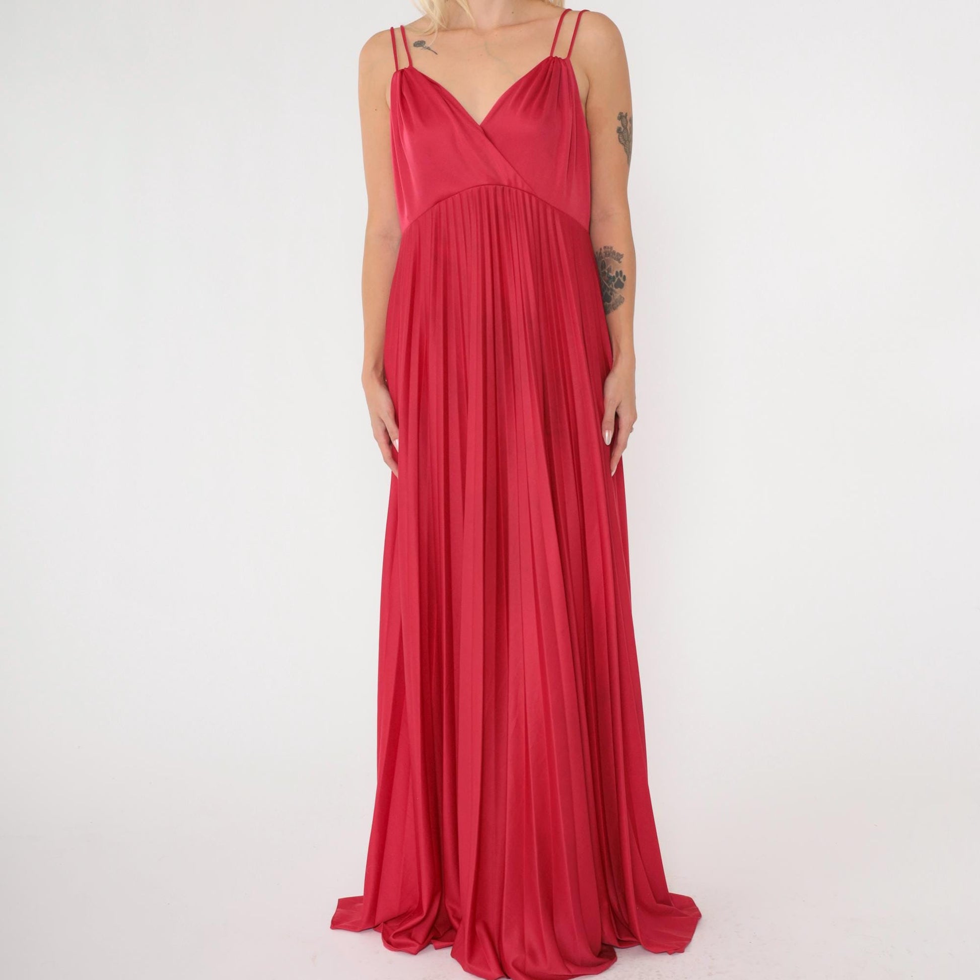 70s Raspberry Red Maxi Dress Deep V Neck Pleated Empire Waist Large