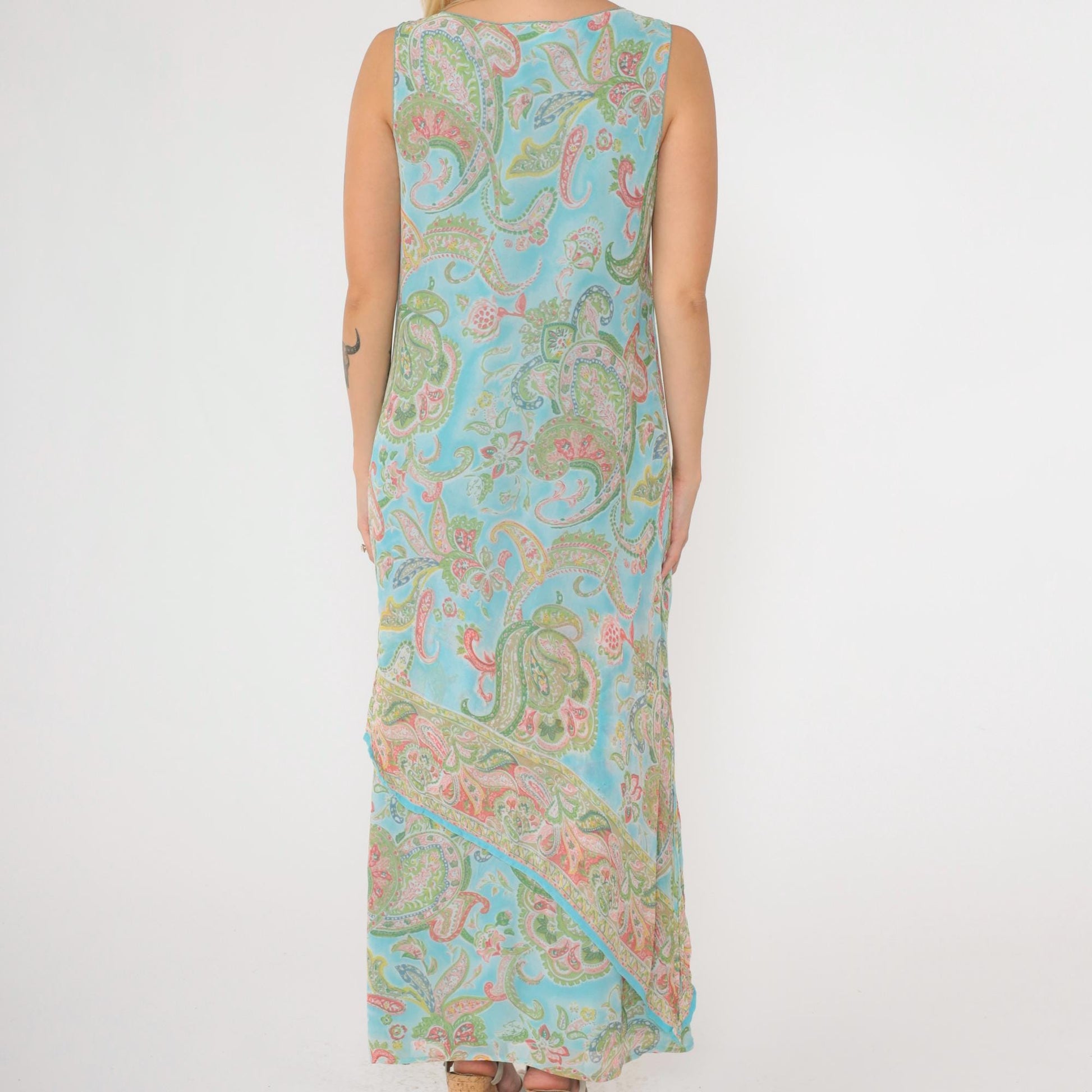 Y2K Paisley Sequin Maxi Dress Blue Sleeveless Draped Medium