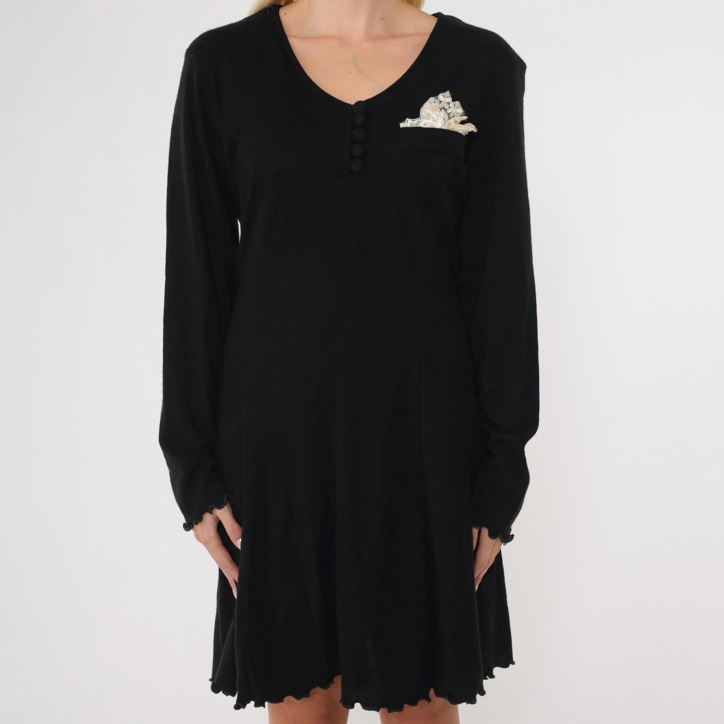 90s Black Shift Dress Lettuce Edge Mini Long Sleeve Lace Pocket Medium
