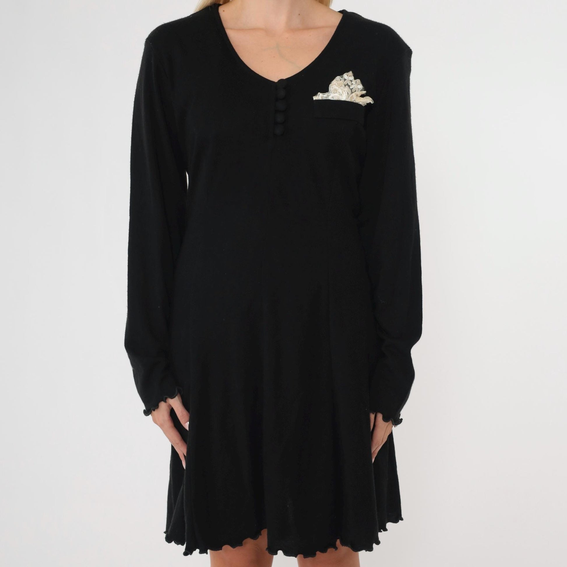 90s Black Shift Dress Lettuce Edge Mini Long Sleeve Lace Pocket Medium
