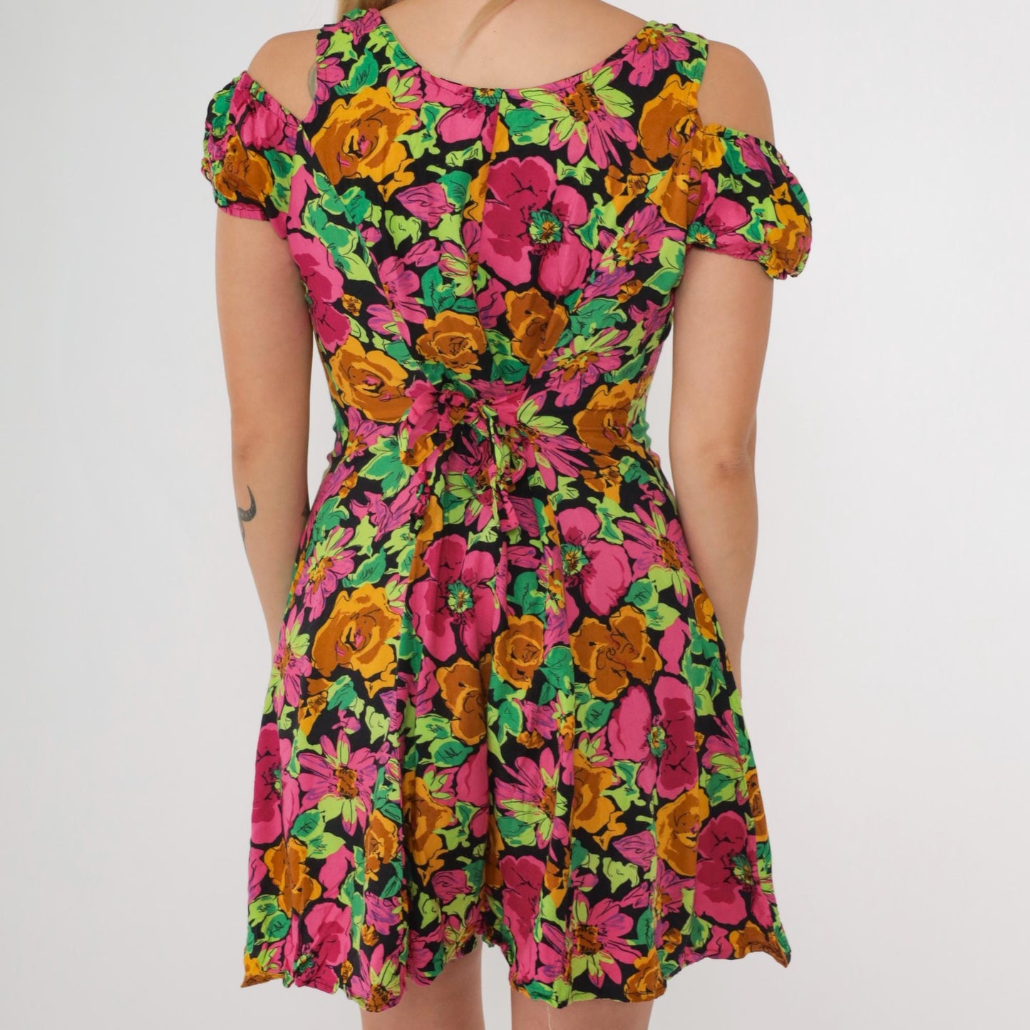 90s Floral Cold Shoulder Romper Wide Leg Playsuit Pink Green Small 5