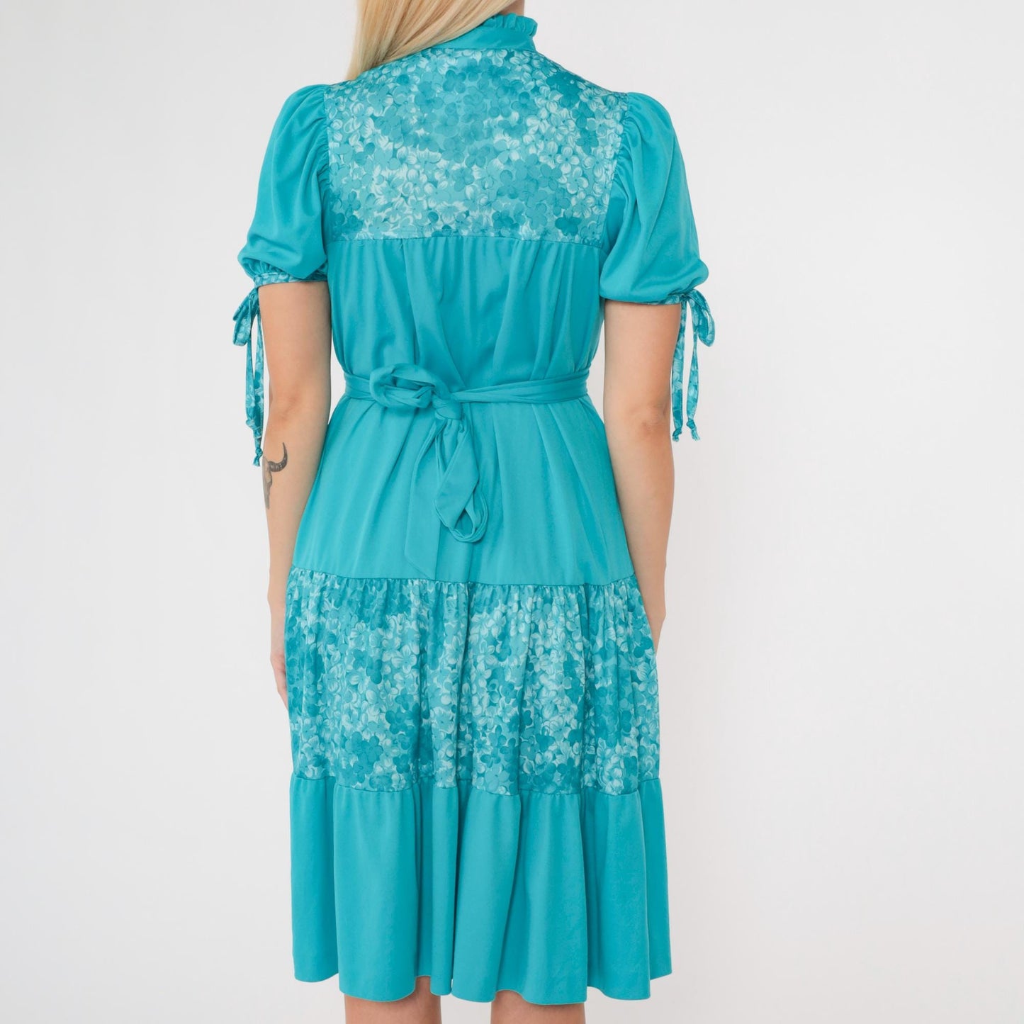 70s Turquoise Floral Puff Sleeve Midi Dress High Waist Tiered Small S