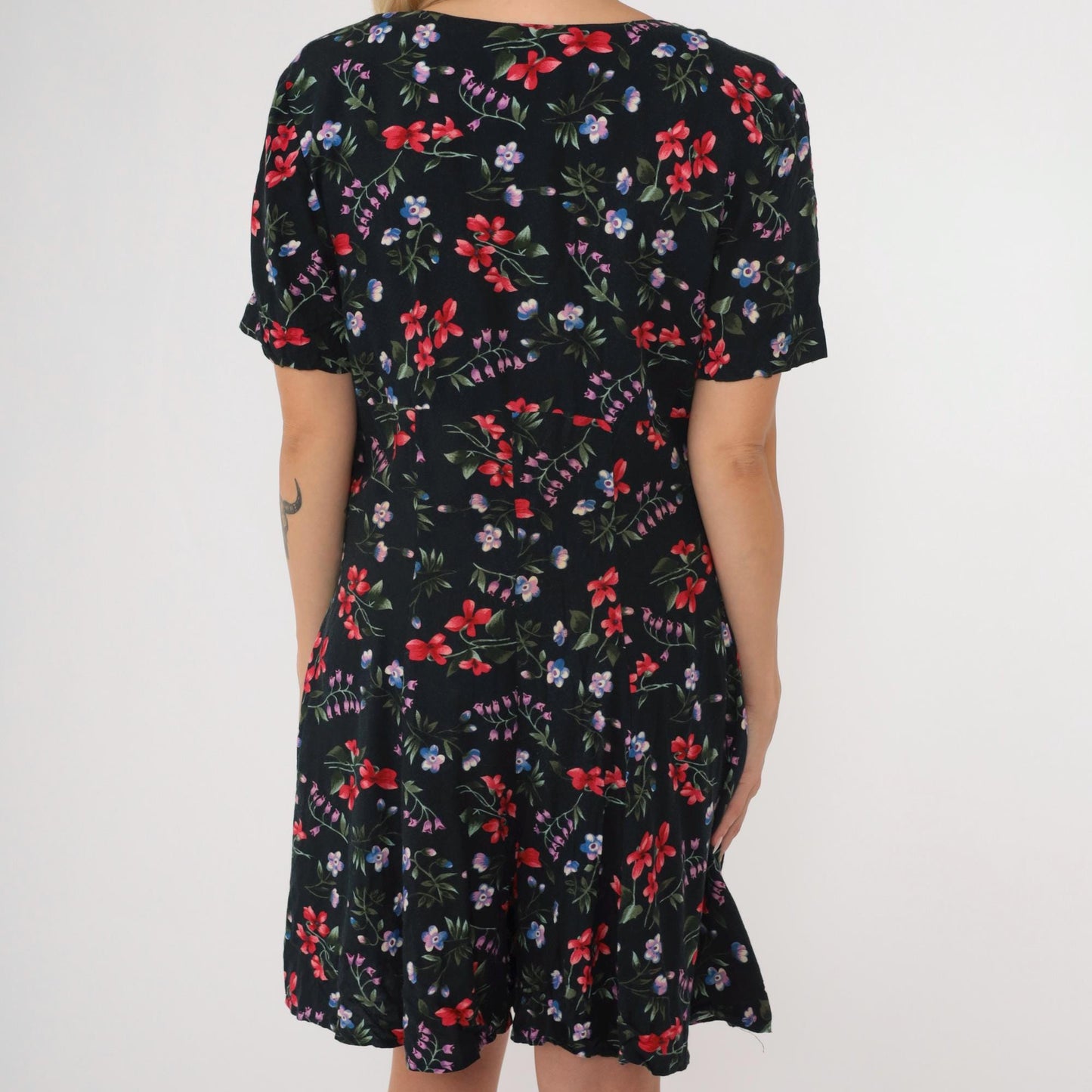 90s Black Floral Rayon Romper Wide Leg Scoop Neck Button Up Medium