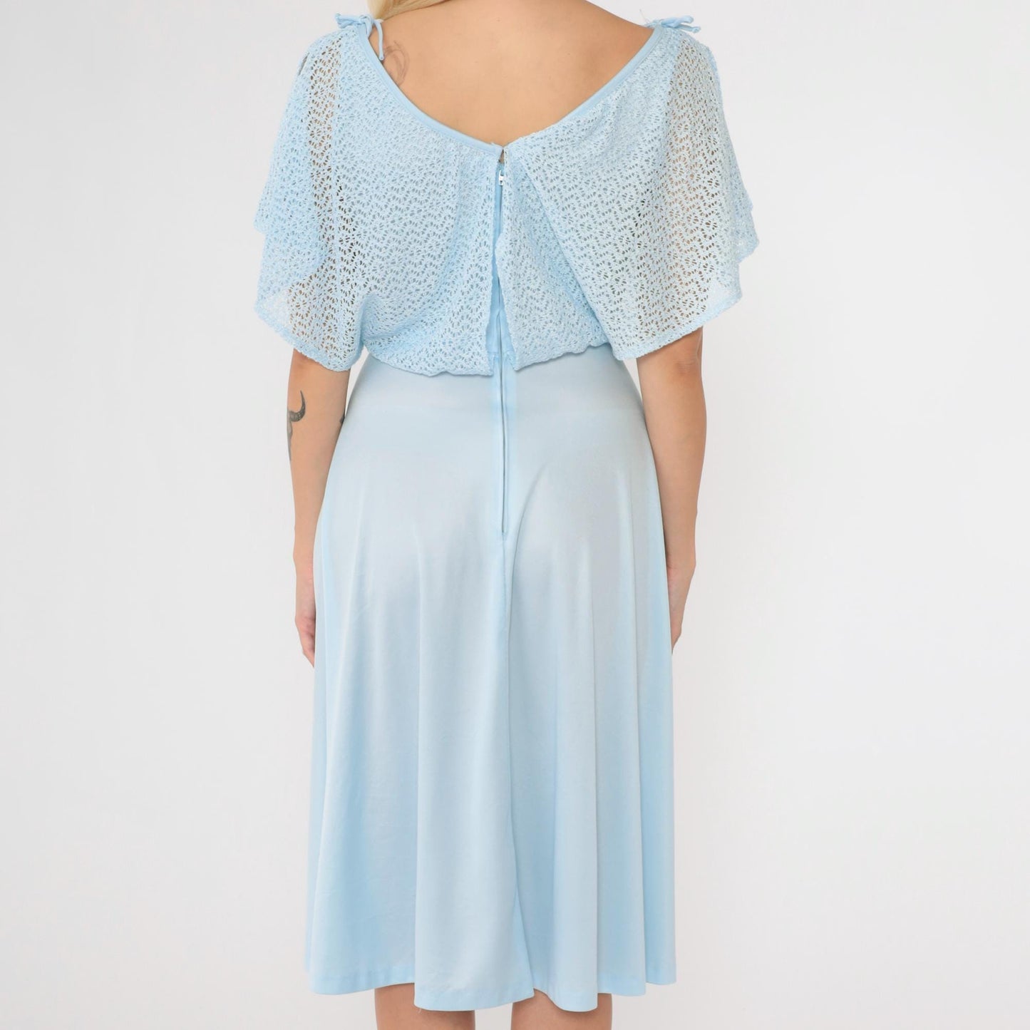 1970s Baby Blue Crochet Capelet Midi Dress High Waist Split Sleeve Extra Small