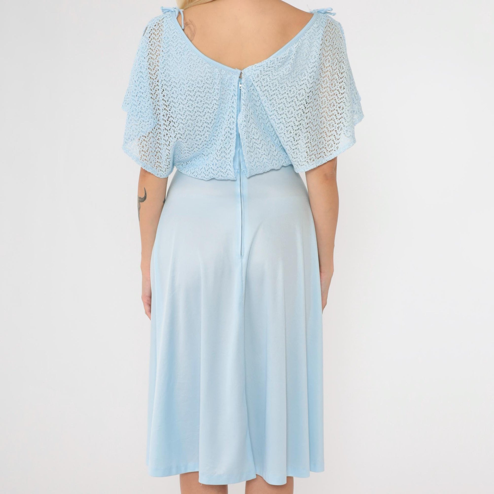 1970s Baby Blue Crochet Capelet Midi Dress High Waist Split Sleeve Extra Small