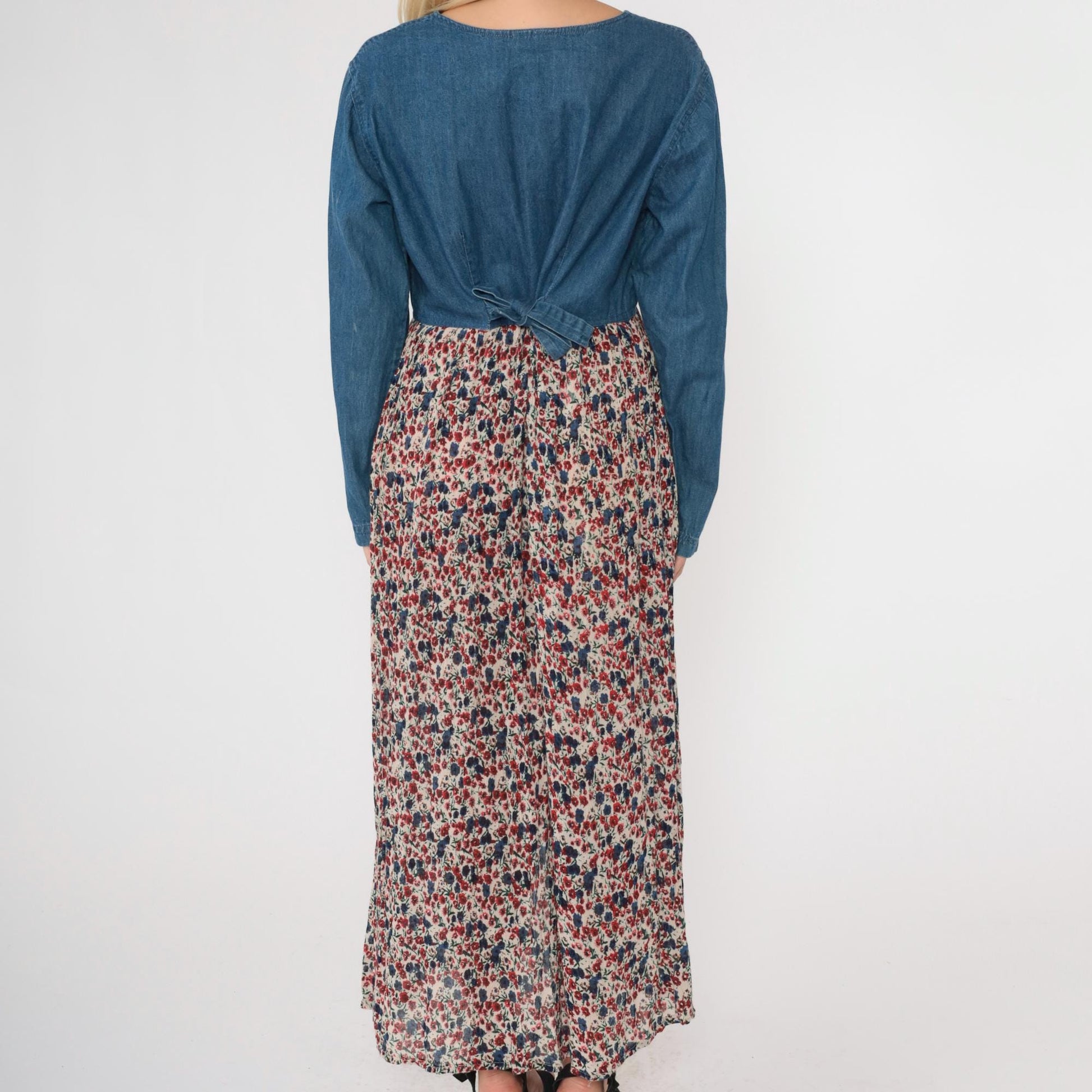 90s Access Floral Denim Maxi Dress Blue Chambray Button-Up High Waist Large