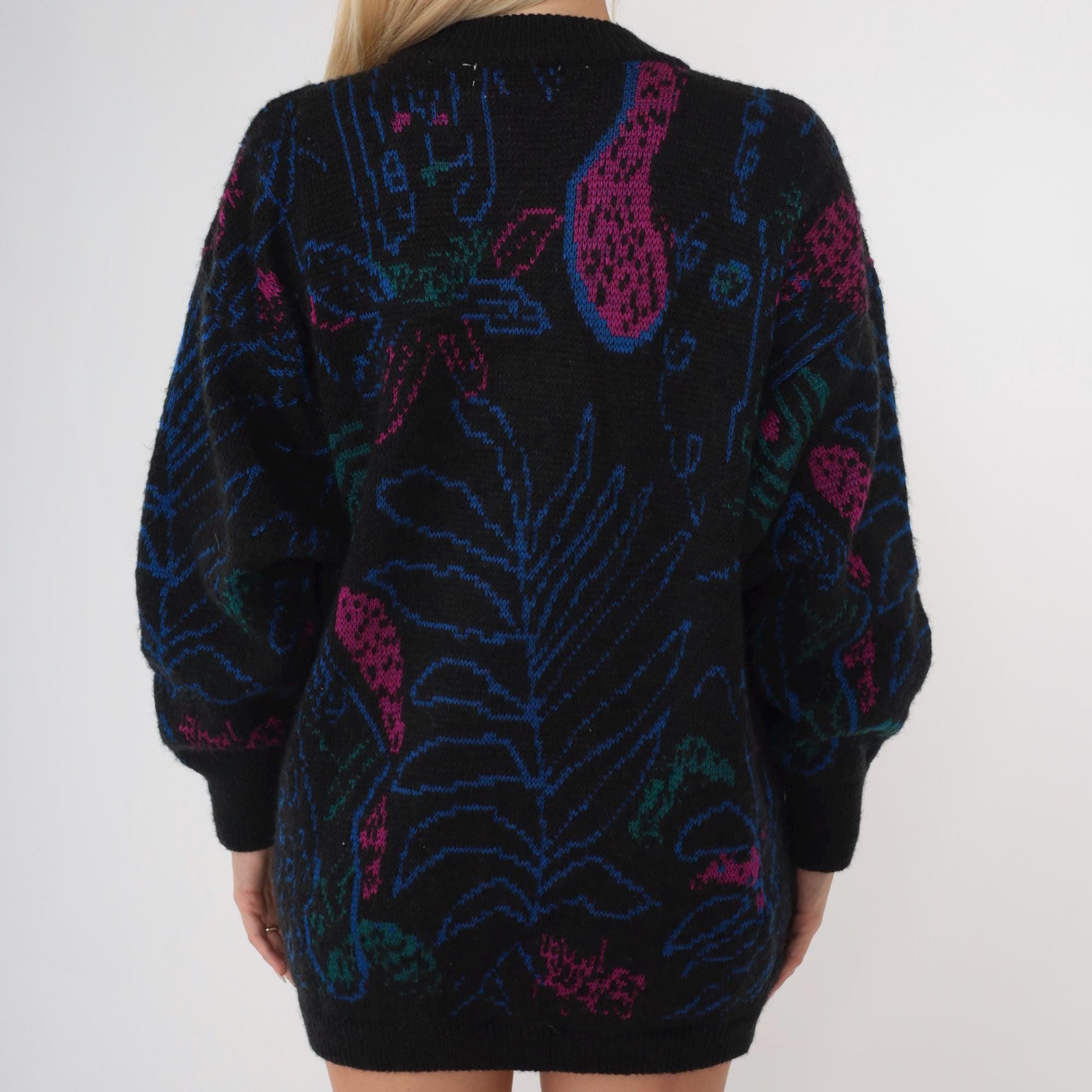 80s Paisley Cardigan Sweater Black Floral Abstract Wool Blend Button Up Medium
