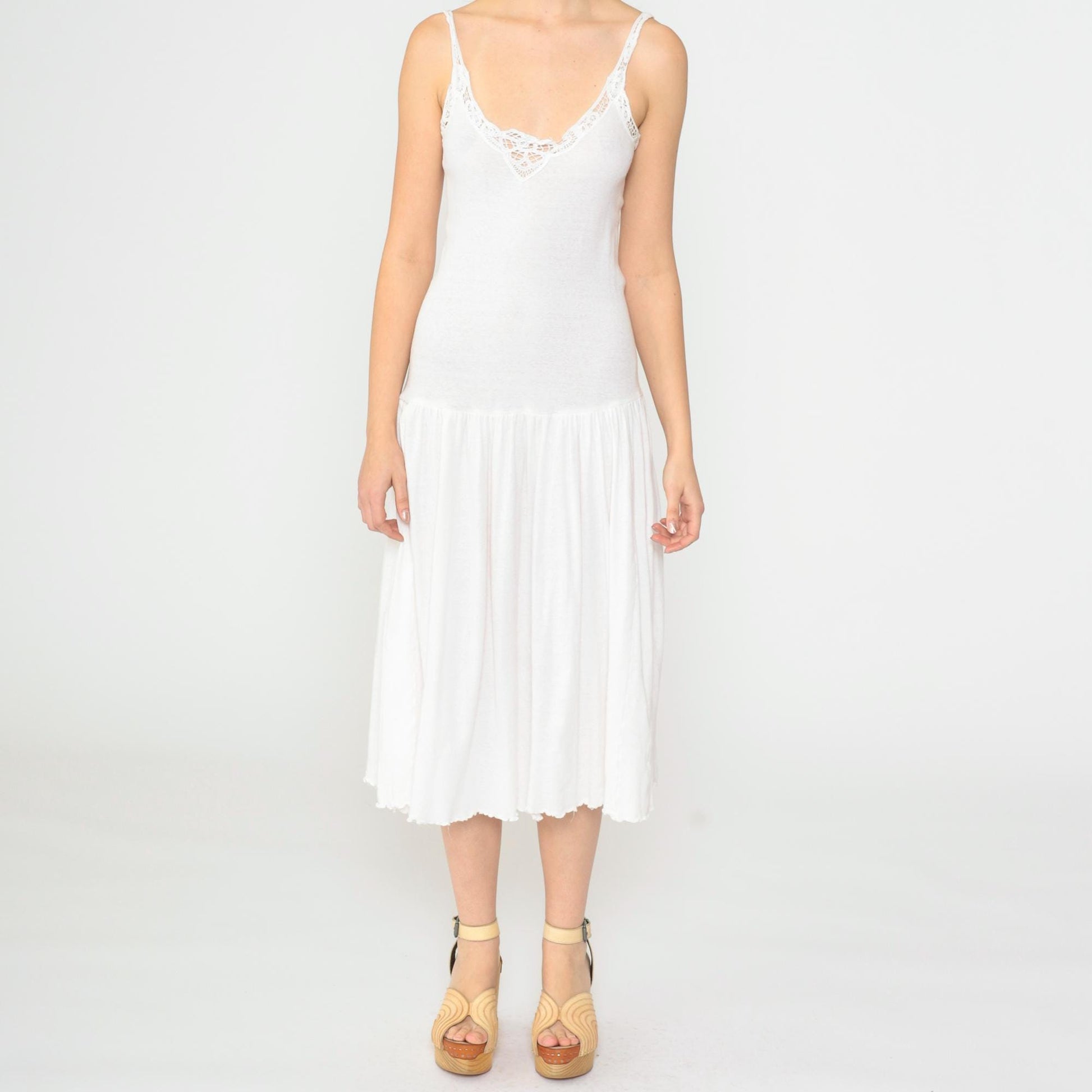 90s White Cotton Slip Dress Midi Lace Trim Spaghetti Strap Small
