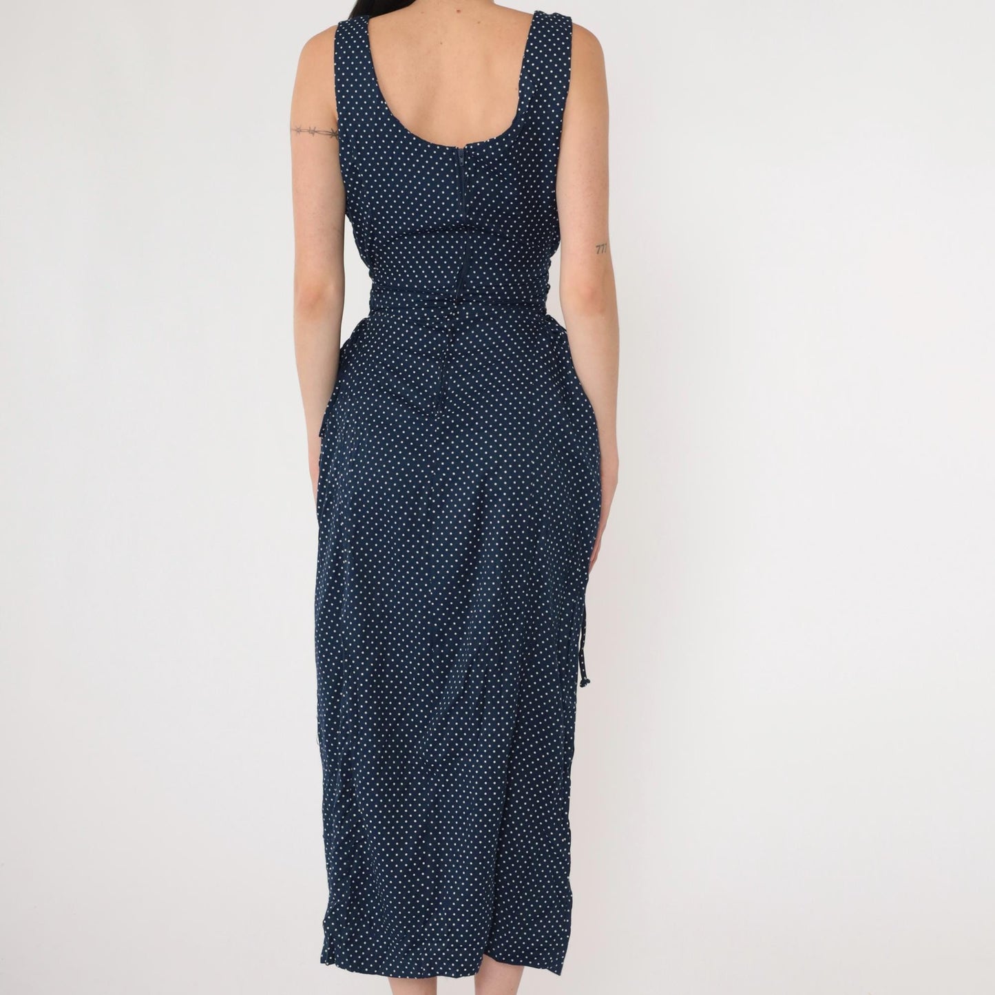 90s Navy Polka Dot Maxi Dress Sleeveless Scoop Neck Tie Waist Medium