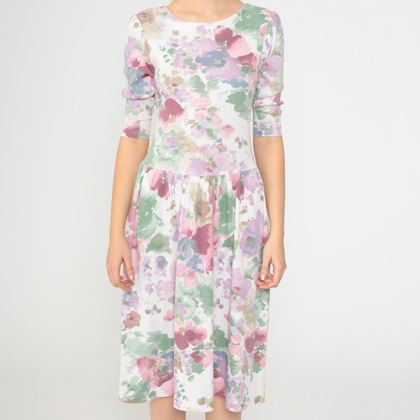 80s Floral Midi Dress Puff Sleeve Drop Waist Watercolor Print White Small