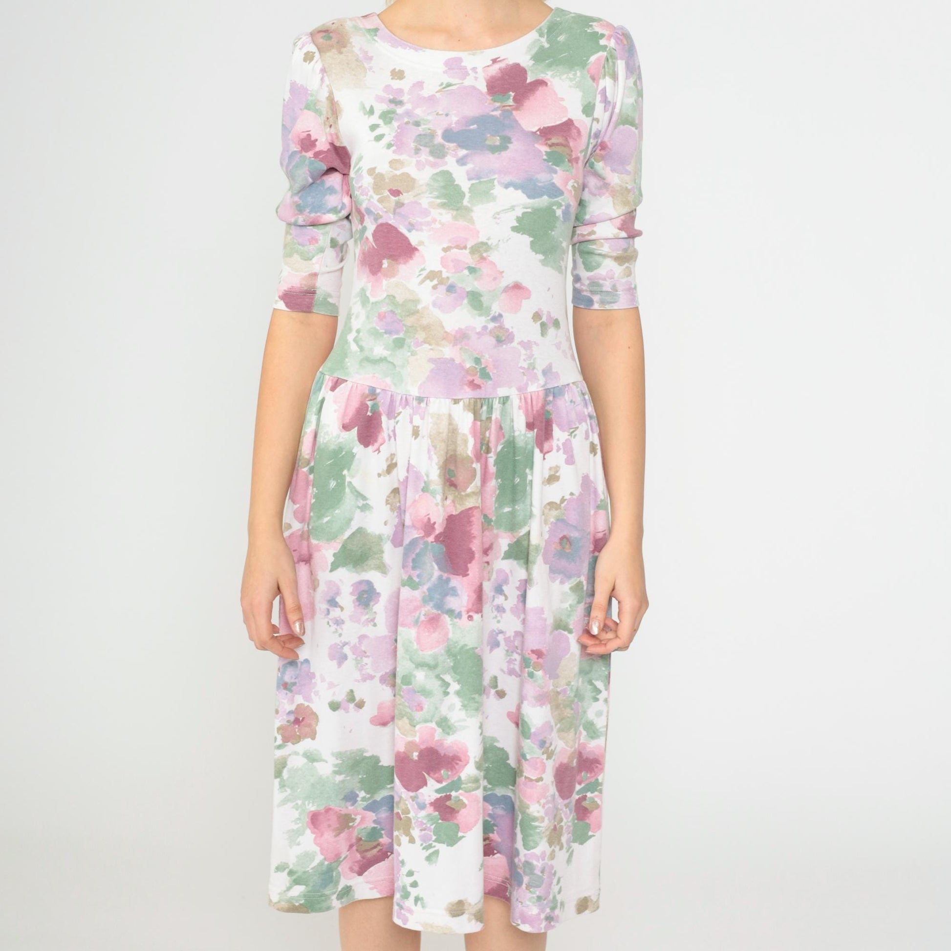 80s Floral Midi Dress Puff Sleeve Drop Waist Watercolor Print White Small