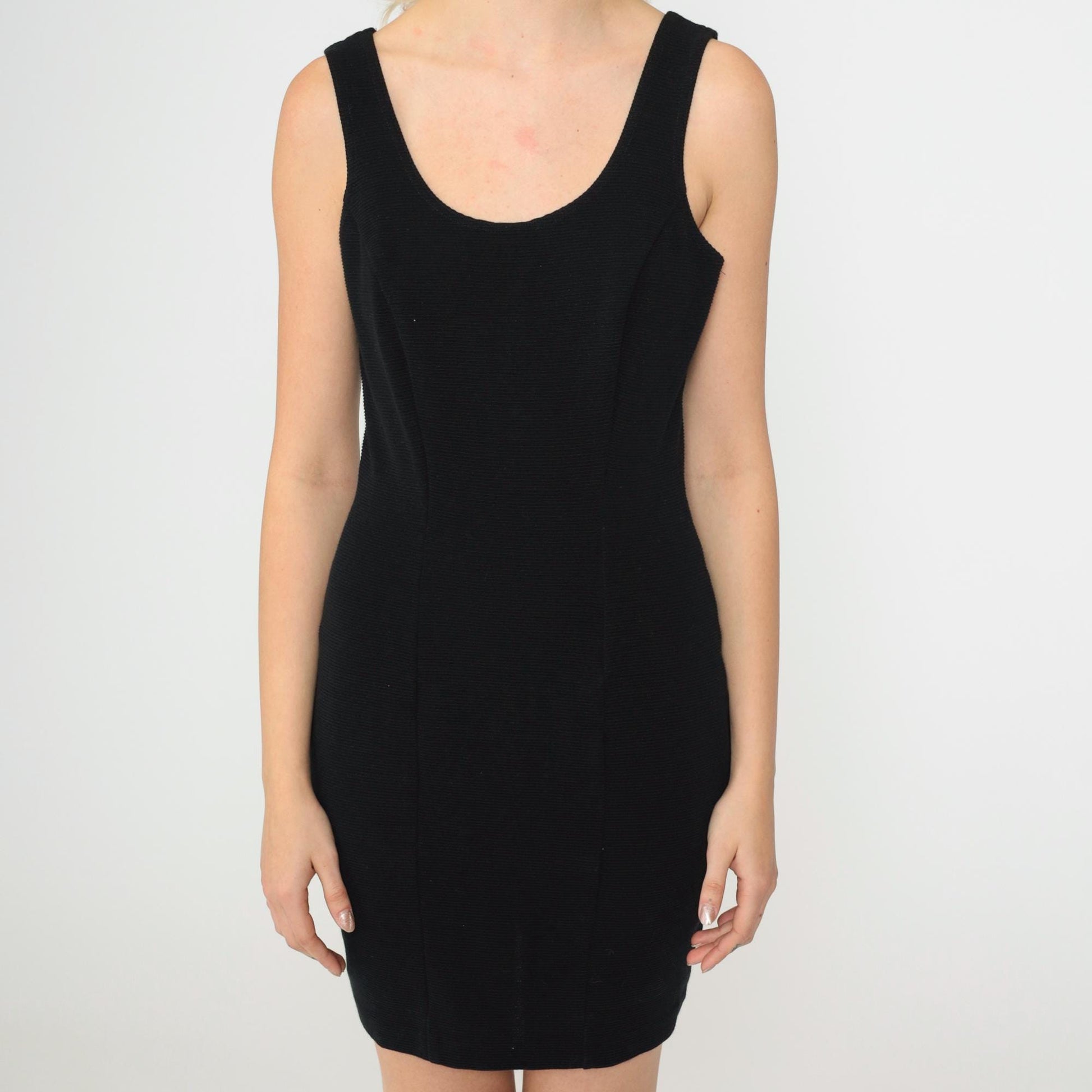 90s Rampage Black Ribbed Knit Mini Dress Scoop Neck Sleeveless Extra Small