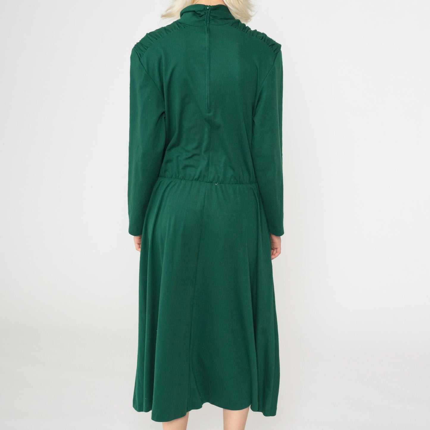 80s Green Midi Dress Mock Neck Long Sleeve Elastic Waist Medium