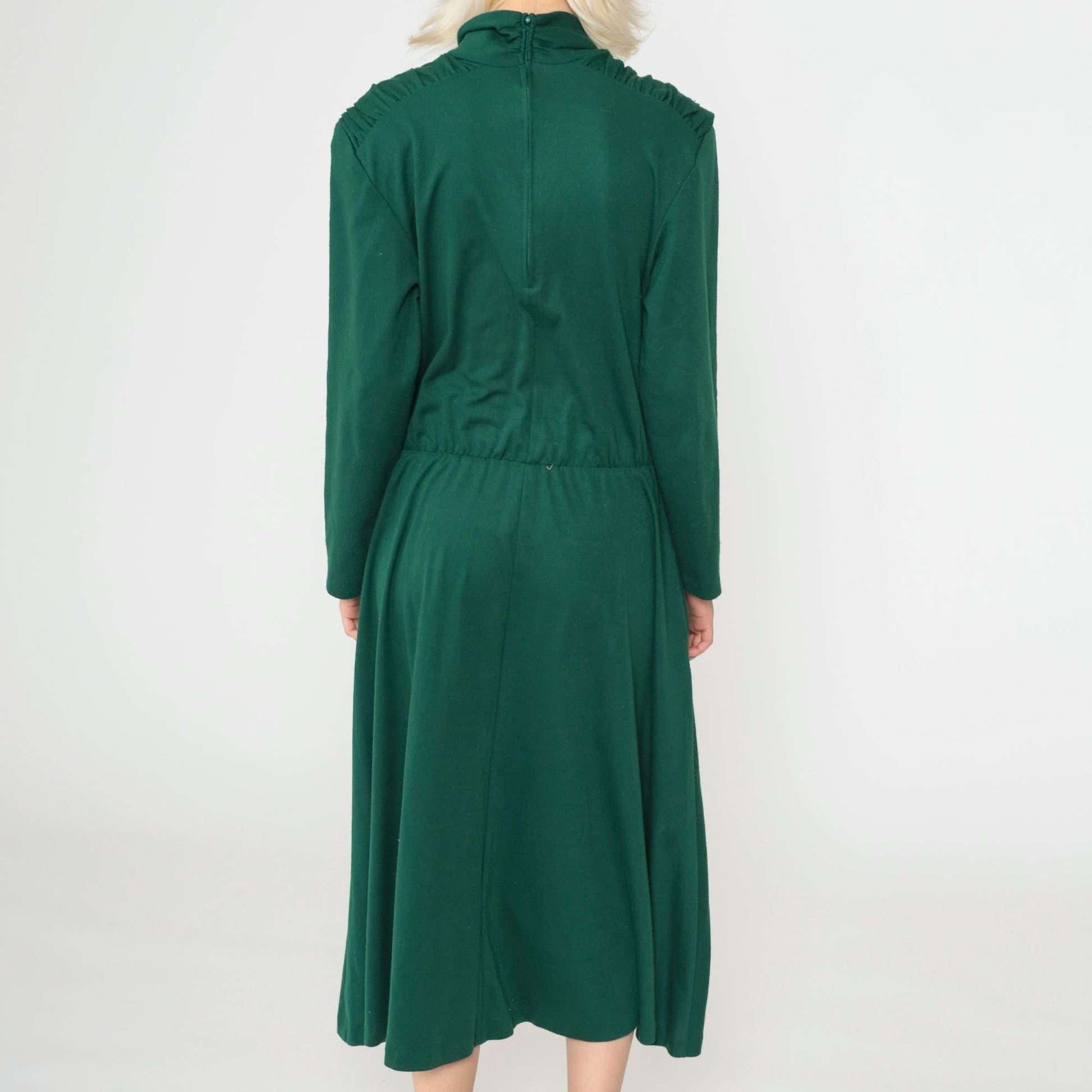 80s Green Midi Dress Mock Neck Long Sleeve Elastic Waist Medium