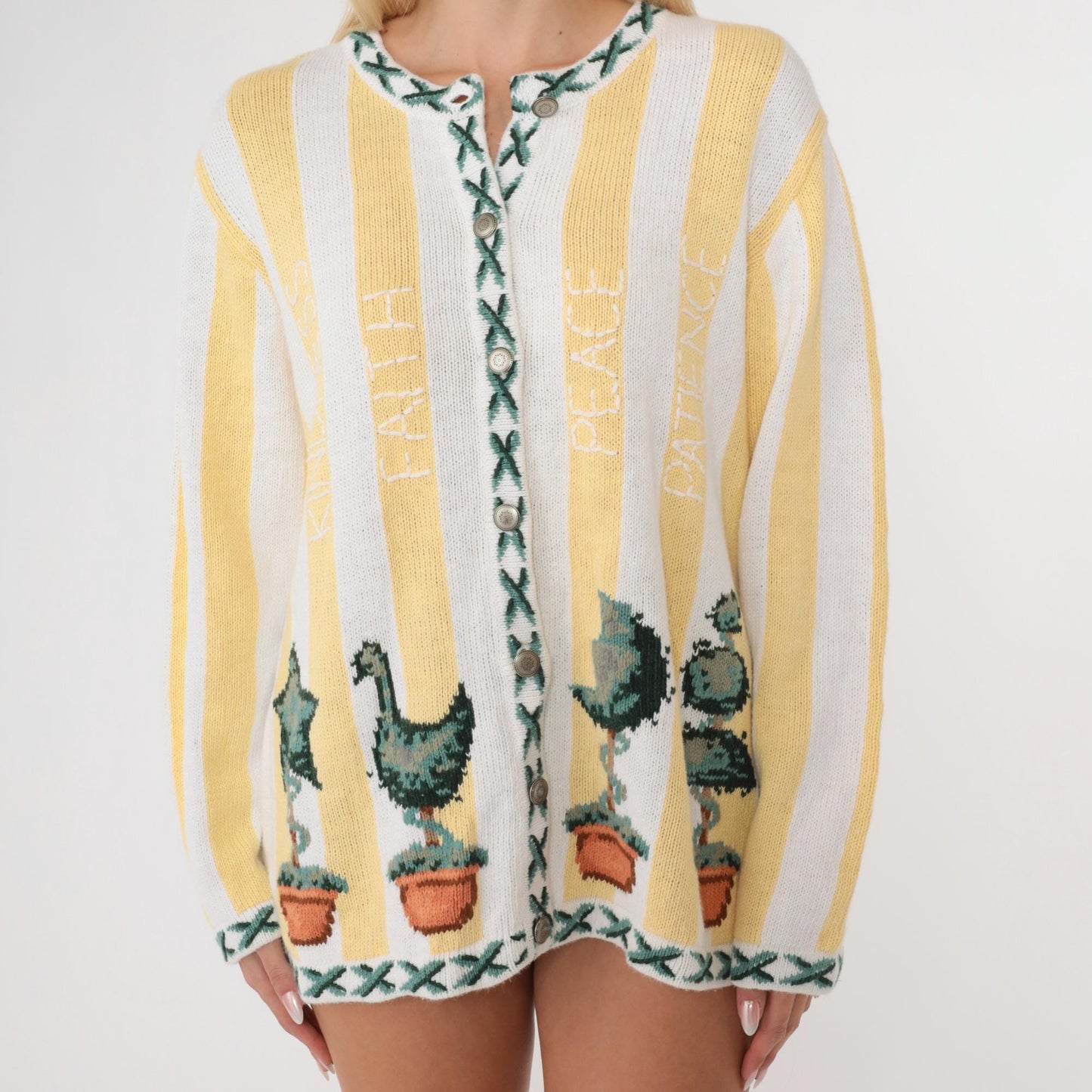 90s Quacker Factory Cardigan Yellow White Striped Topiary Cotton Medium