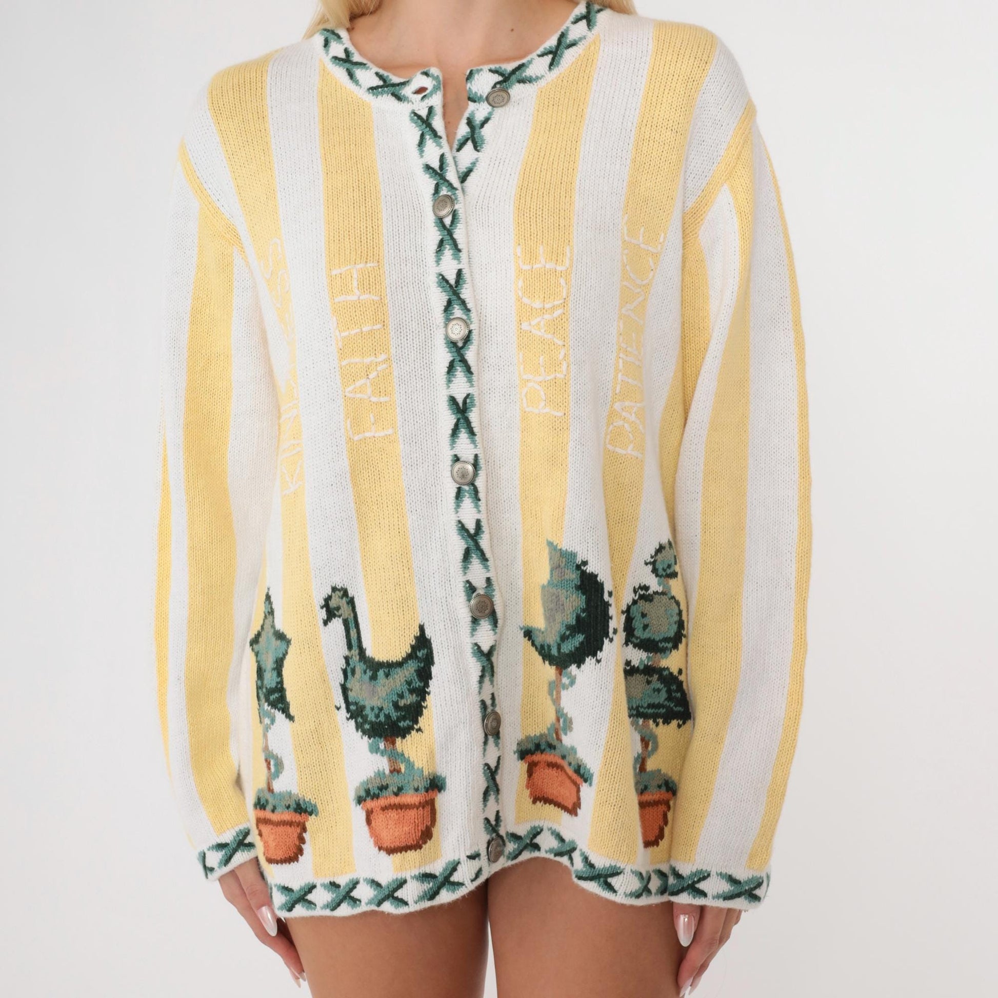 90s Quacker Factory Cardigan Yellow White Striped Topiary Cotton Medium