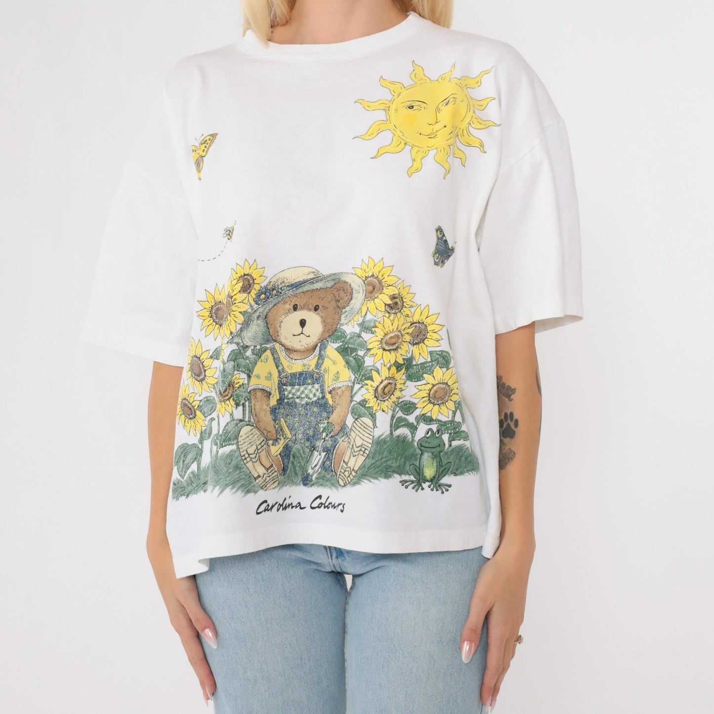 90s Carolina Colours Floral Teddy Bear T-Shirt Sunflower Butterfly Graphic Cotton Large