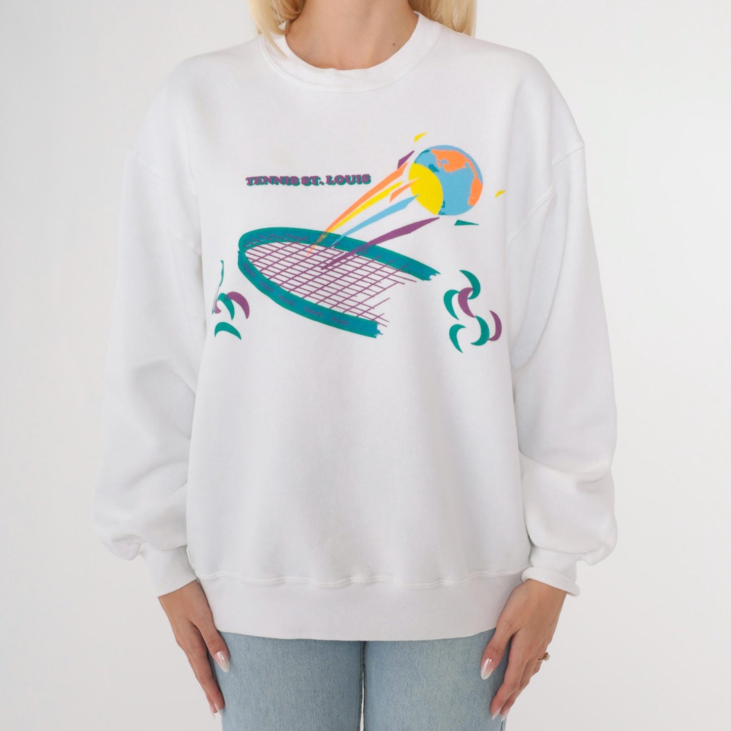 90s Jerzees Tennis St. Louis Graphic Sweatshirt White Crewneck Large
