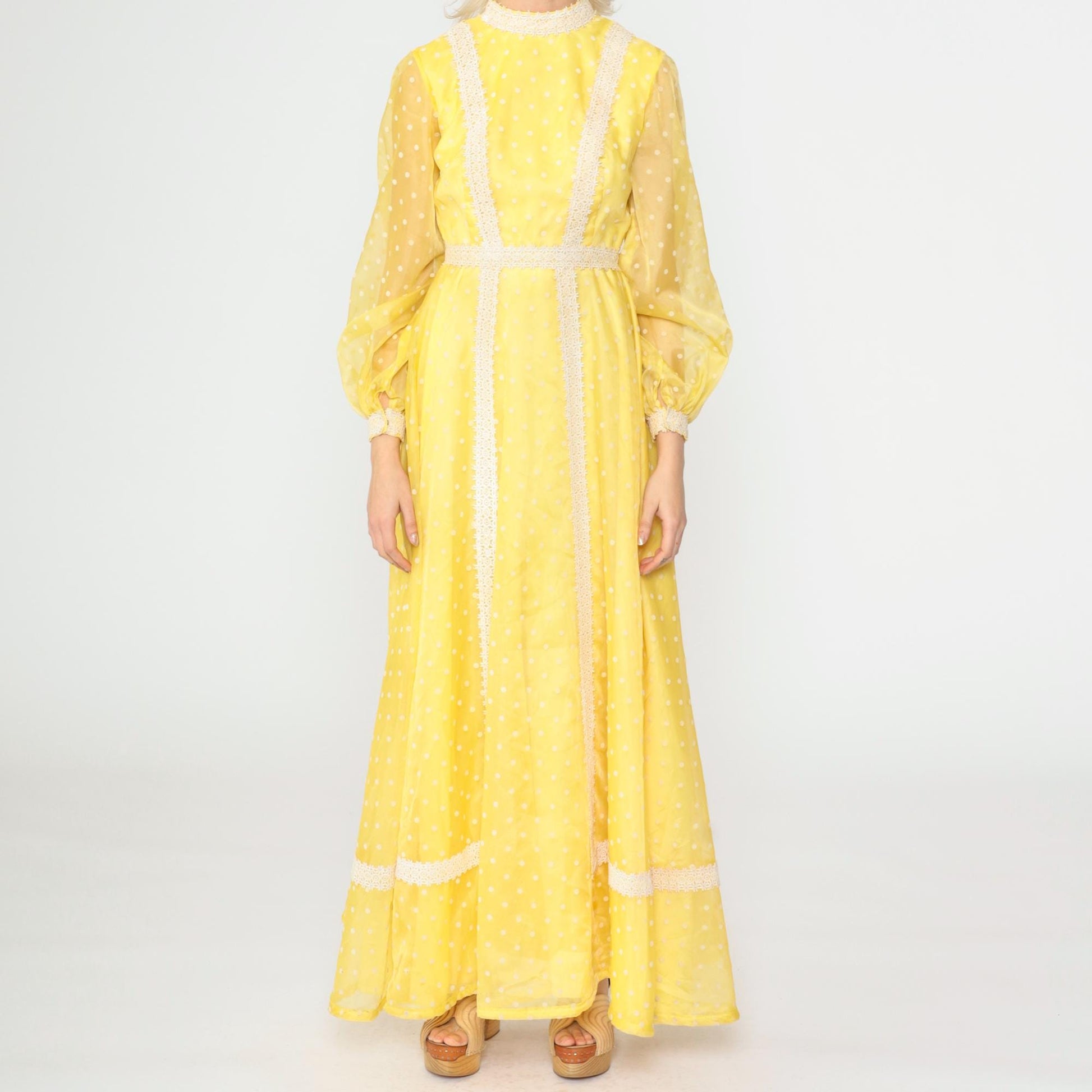 70s Yellow Polka Dot Organza Maxi Dress Balloon Sleeve Lace Trim Extra Small