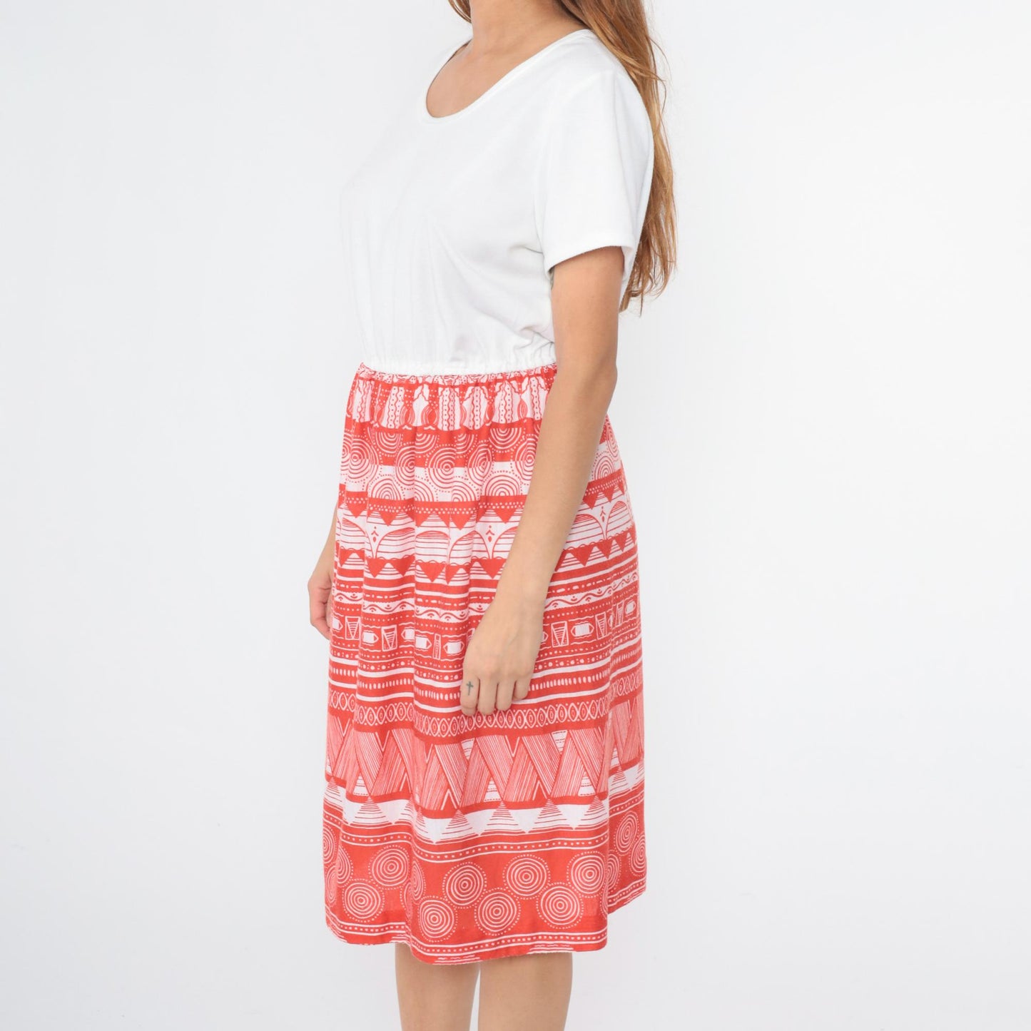 70s Flair of Miami Midi Dress White Red Geometric Print Elastic Waist Medium