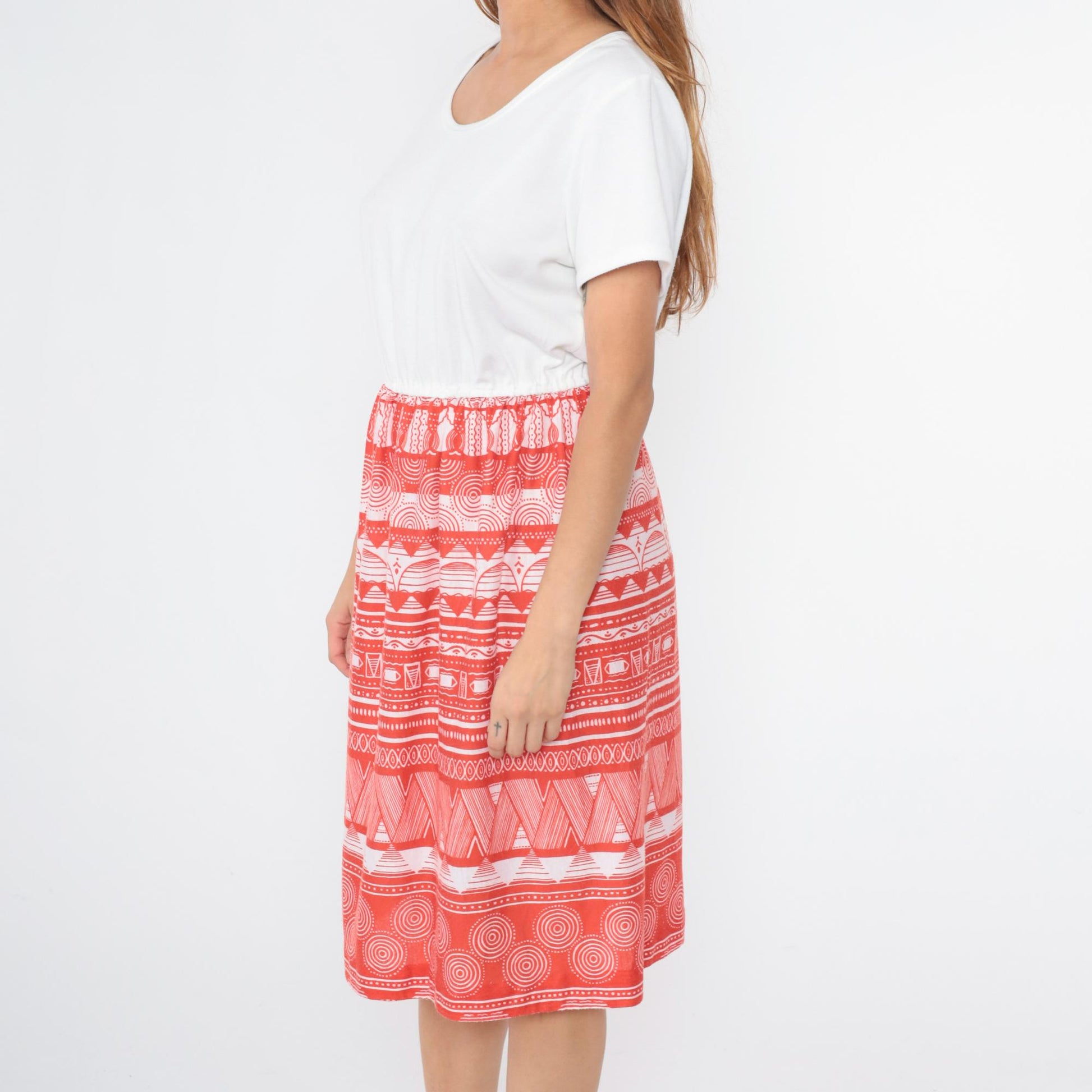 70s Flair of Miami Midi Dress White Red Geometric Print Elastic Waist Medium