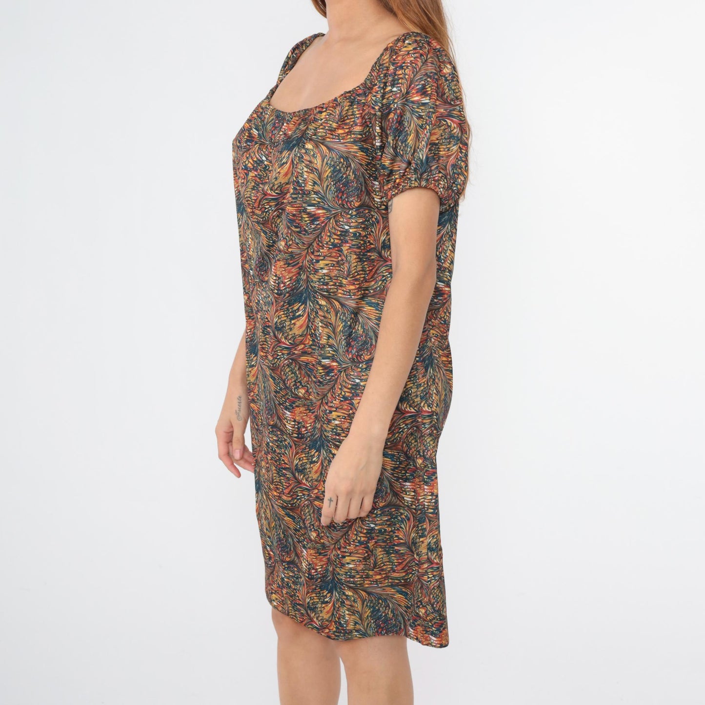 70s Psychedelic Feather Print Shift Dress Elastic Neckline Knee Length Large