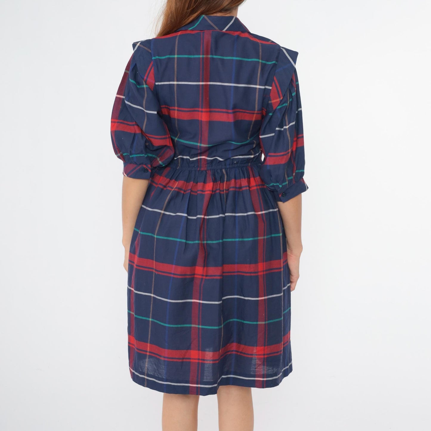 80s Dark Blue Plaid Button-Up Midi Dress High Waist Collar Half Sleeve Extra Small
