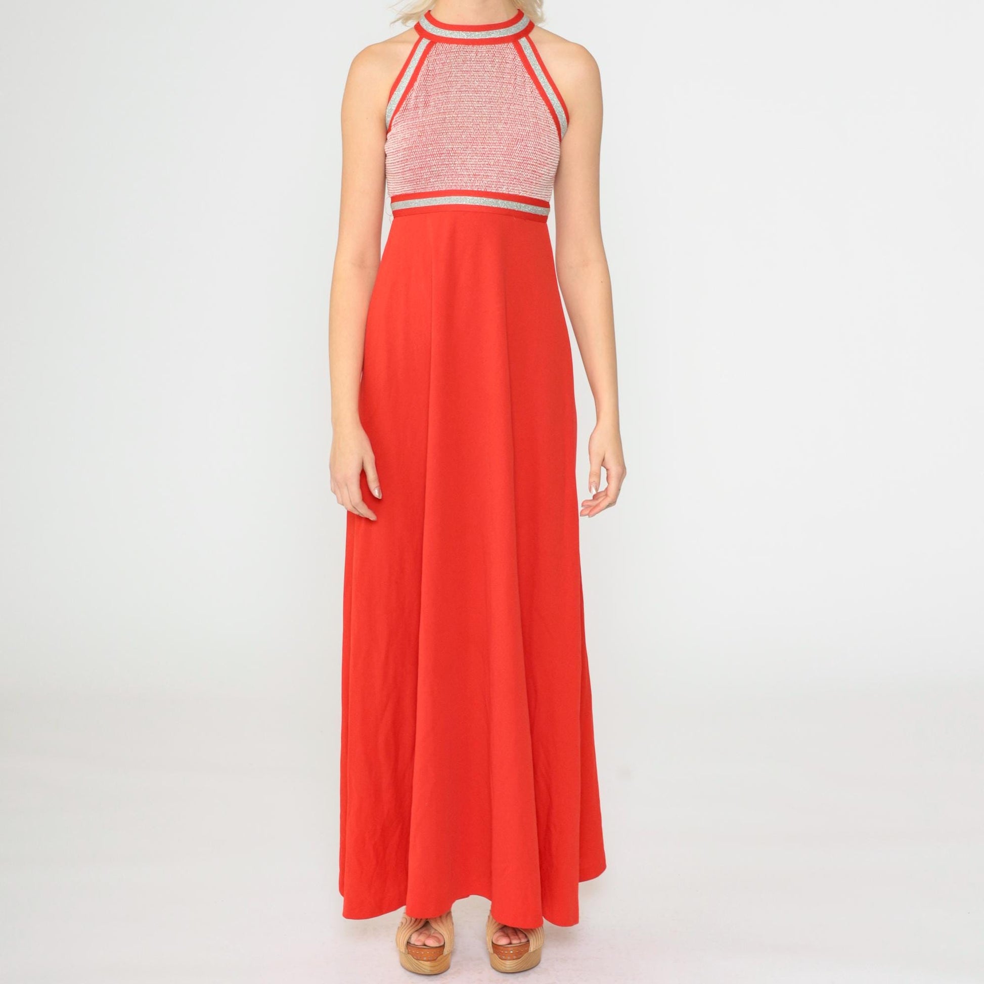 70s Red Metallic Halter Maxi Dress Empire Waist Racerback Extra Small