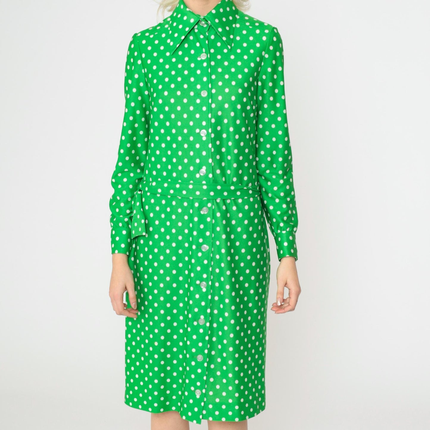 70s Green Polka Dot Shirtdress Midi Button-Up Dagger Collar Small S